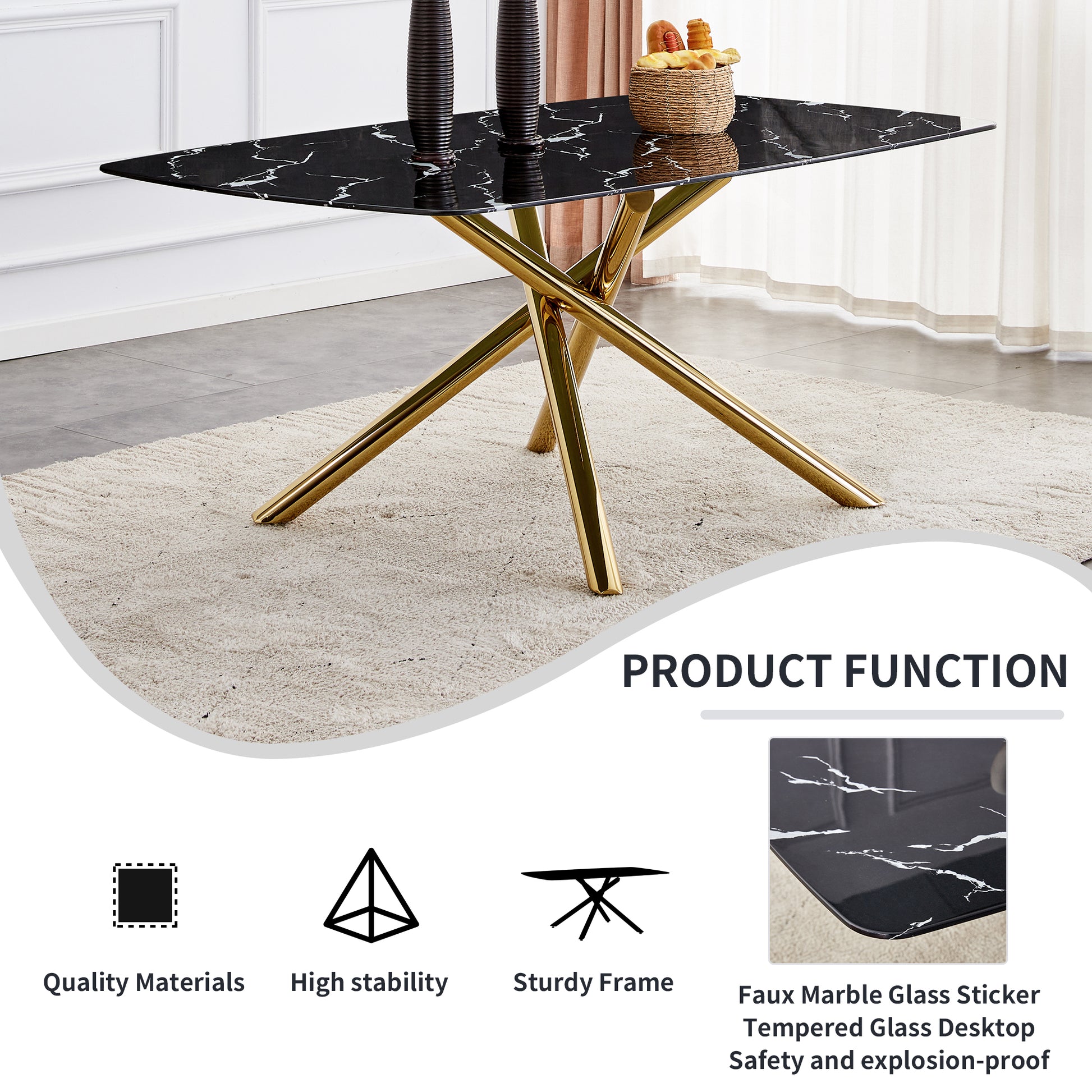 Large Modern Minimalist Rectangular Dining Table With 0.39 "Imitation Marble Black Tabletop And Golden Metal Legs, For Kitchen Dining Living Meeting Room Banquet Hall 1537 Black Glass