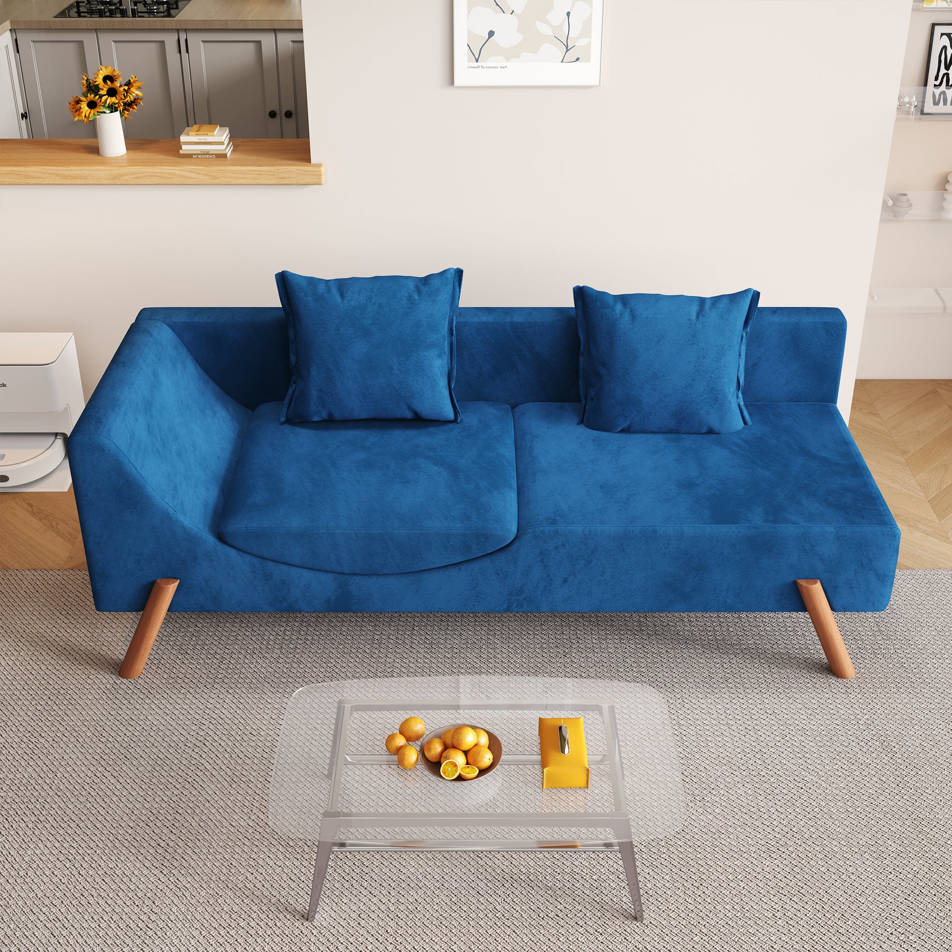 Cut And Fill Chaise Longue, Convertible Multifunctional Seat Sofa Blue Blue Velvet Solid Wood 2 Seat