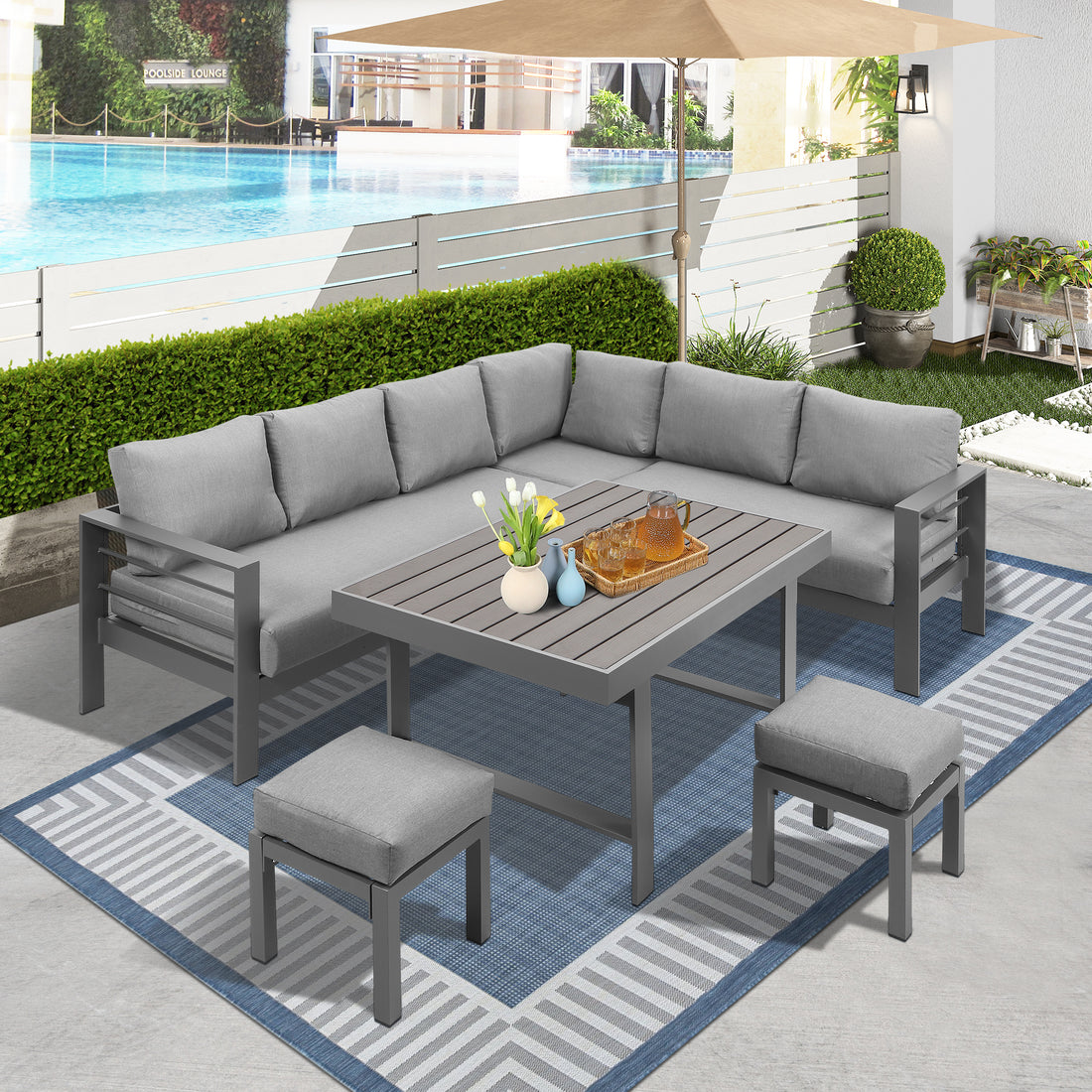 6 Pieces Outdoor Dining Set, Grey Aluminum Frame With Dark Grey Cushions Dark Grey Aluminum