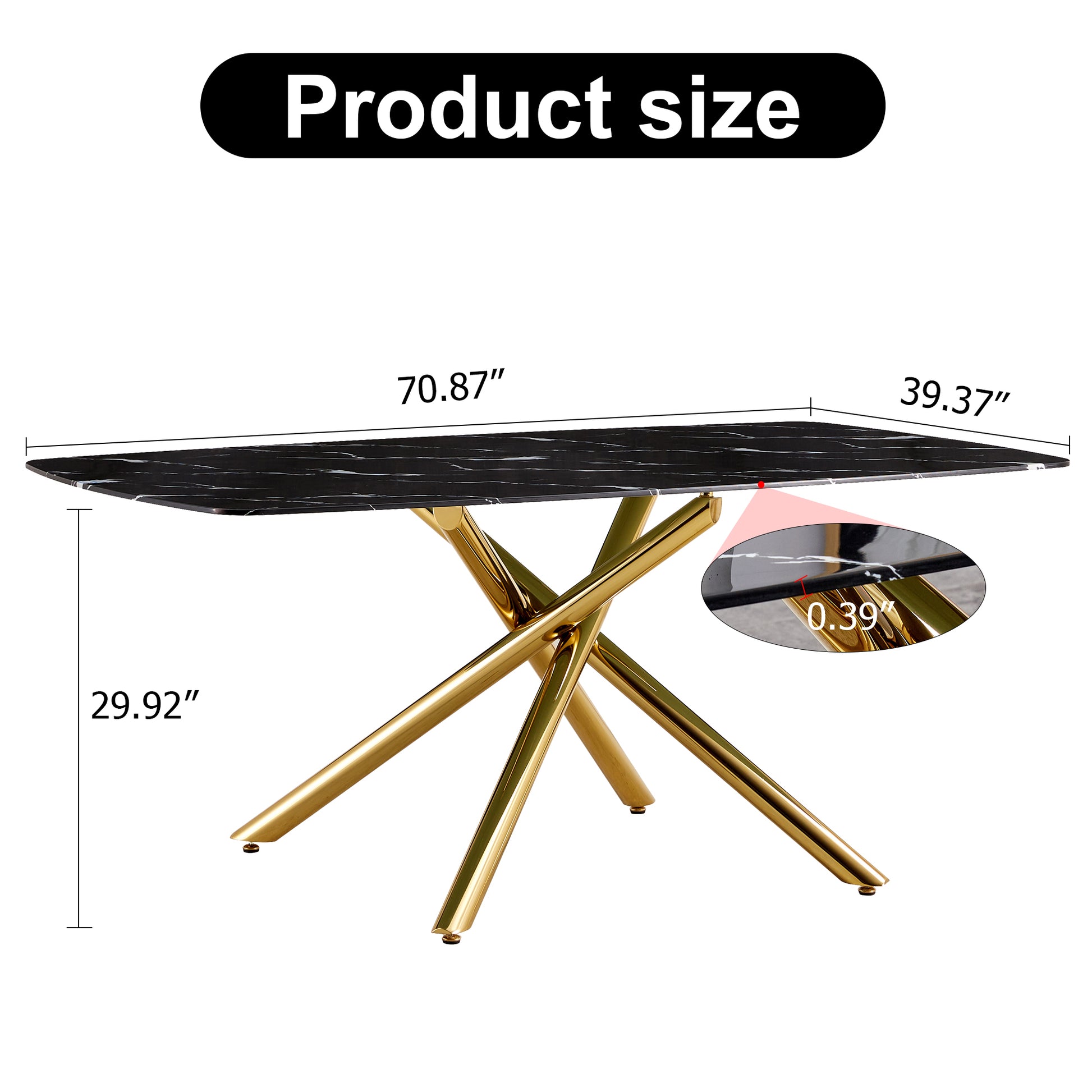 Large Modern Minimalist Rectangular Dining Table With 0.39 "Imitation Marble Black Tabletop And Golden Metal Legs, For Kitchen Dining Living Meeting Room Banquet Hall 1537 Black Glass