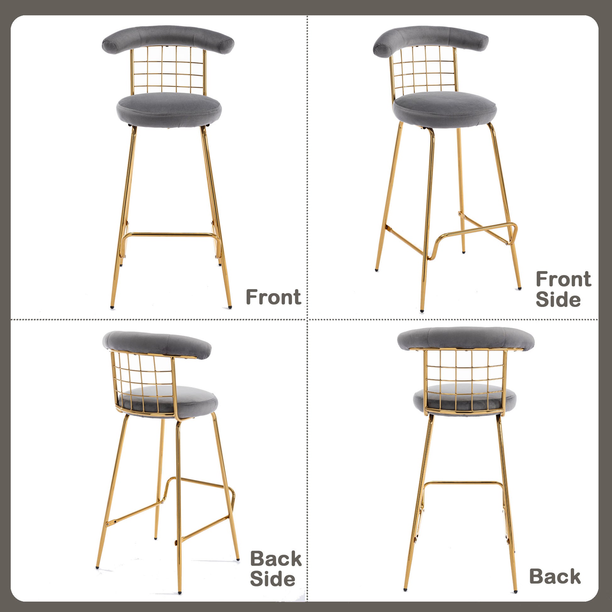 Bar Stool Set Of 2, Luxury Velvet High Bar Stool With Metal Legs And Soft Back, Pub Stool Chairs Armless Modern Kitchen High Dining Chairs With Metal Legs, Grey Gray Velvet