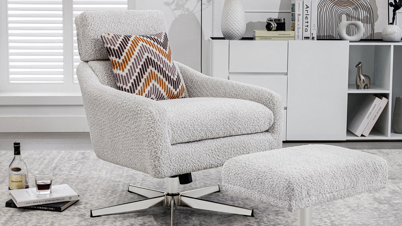 Swivel Armchair with Ottoman for Living Room, Bedroom beige-linen