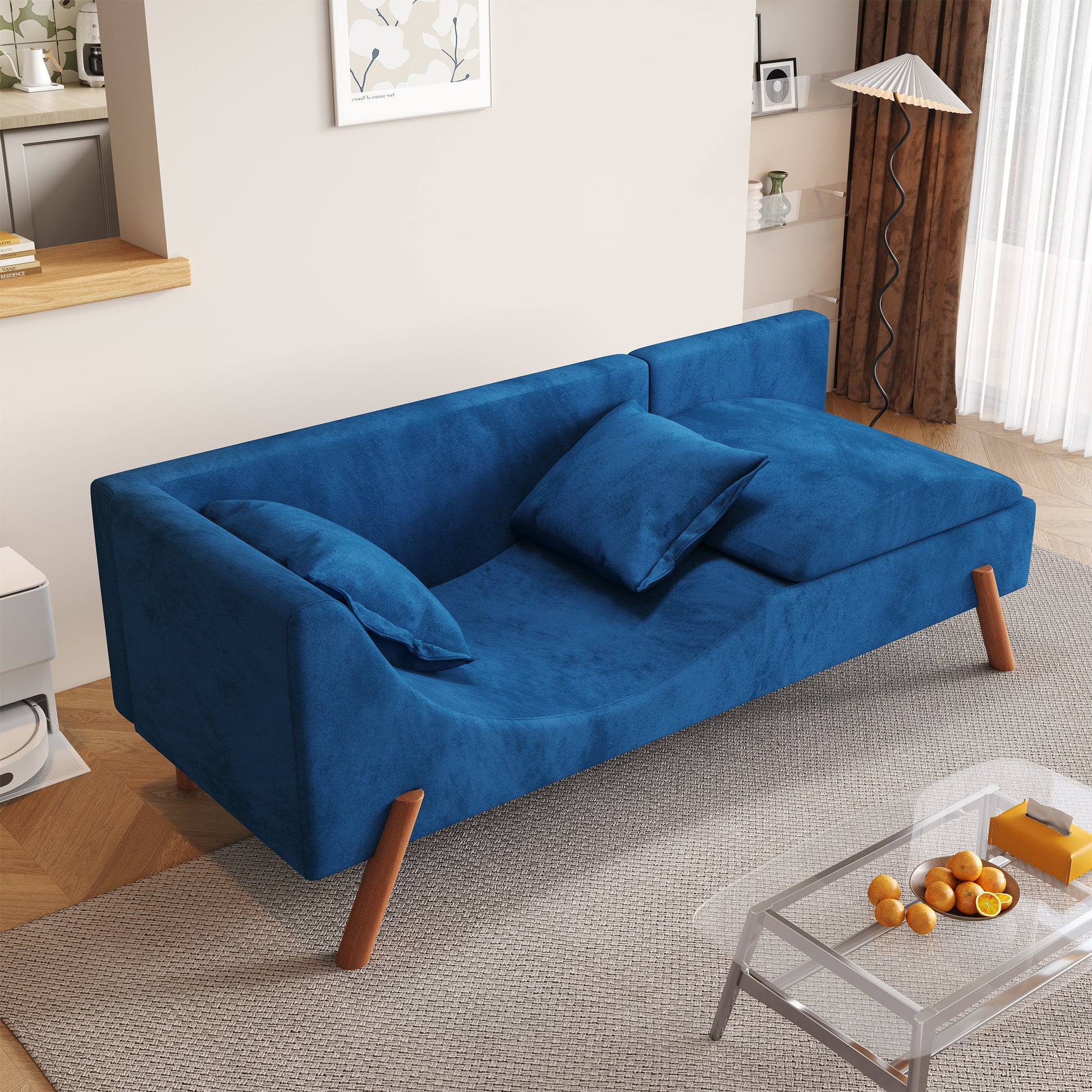 Cut And Fill Chaise Longue, Convertible Multifunctional Seat Sofa Blue Blue Velvet Solid Wood 2 Seat