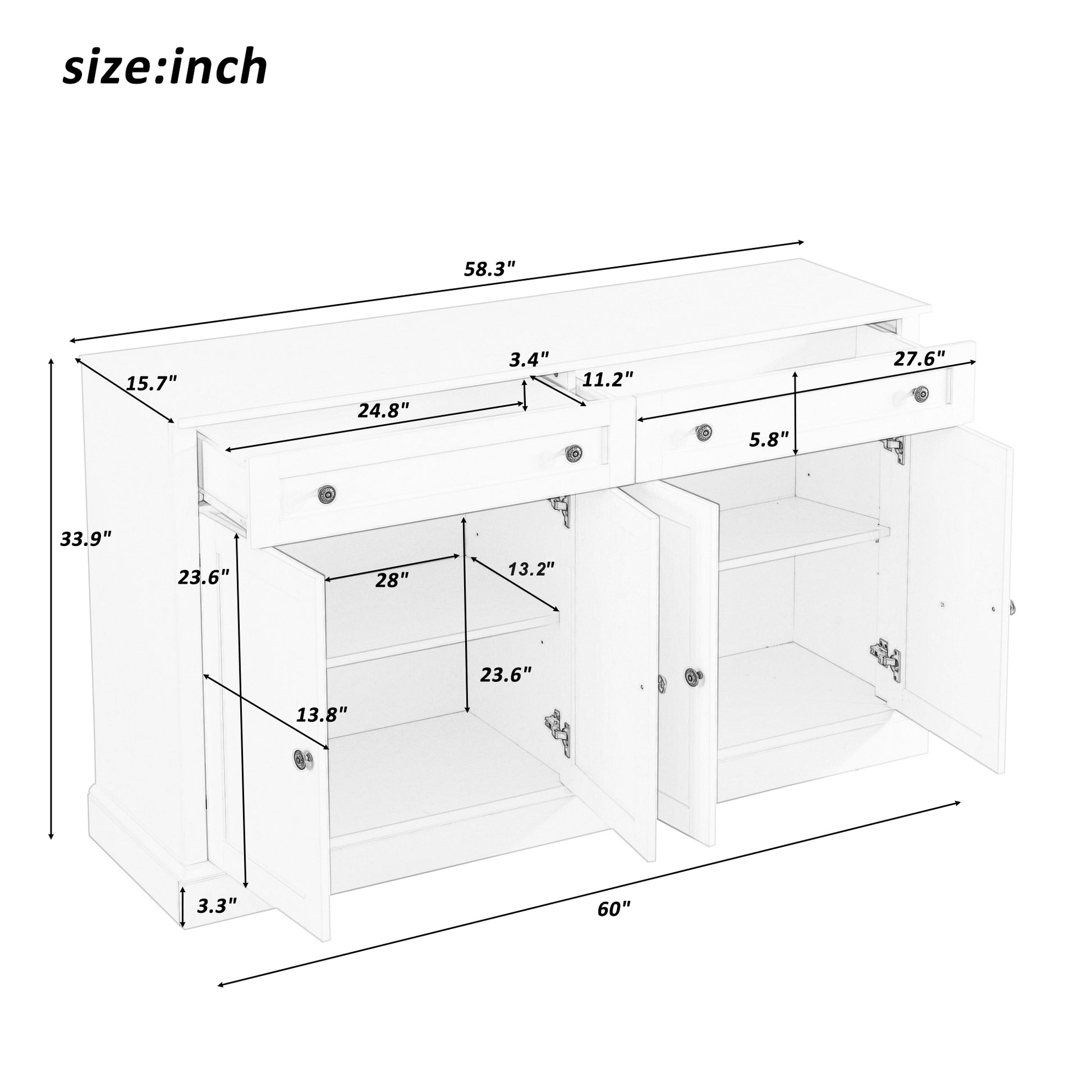 Kitchen Sideboard Storage Buffet Cabinet with 2 white-particle board