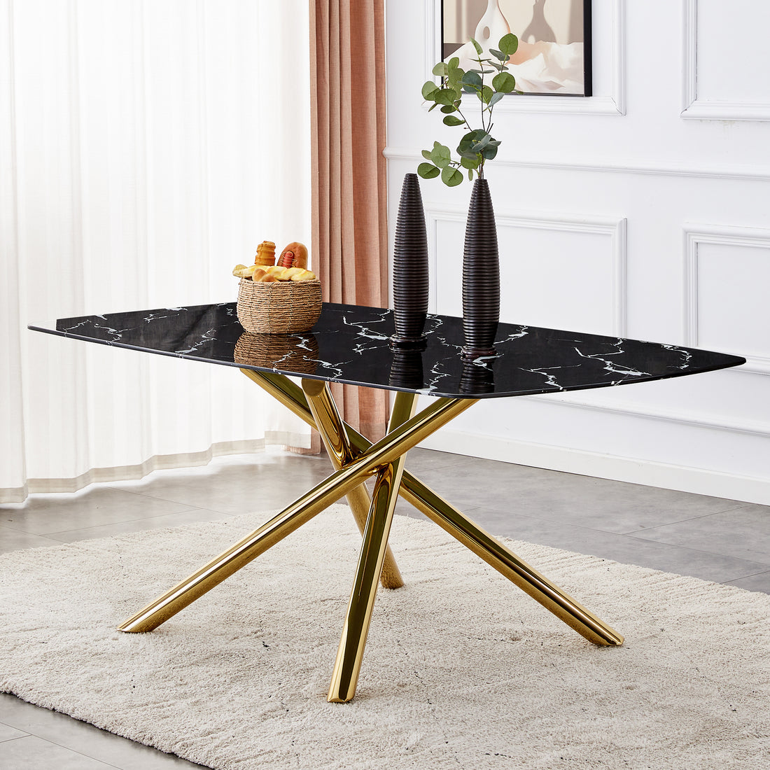 Large Modern Minimalist Rectangular Dining Table With 0.39 "Imitation Marble Black Tabletop And Golden Metal Legs, For Kitchen Dining Living Meeting Room Banquet Hall 1537 Black Glass