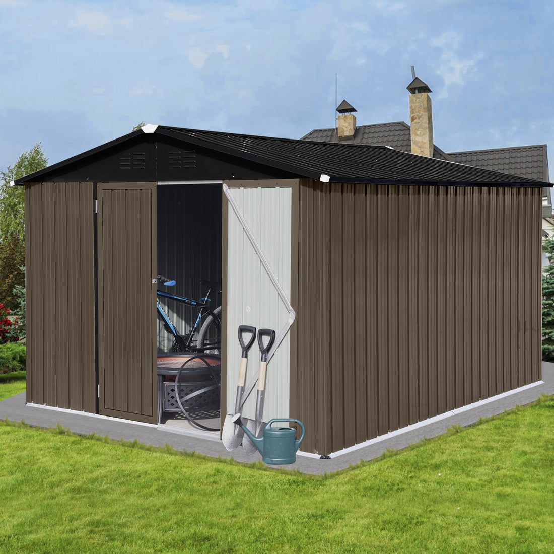 Metal Garden Sheds 10Ft 8Ft Outdoor Brown Black Brown Metal