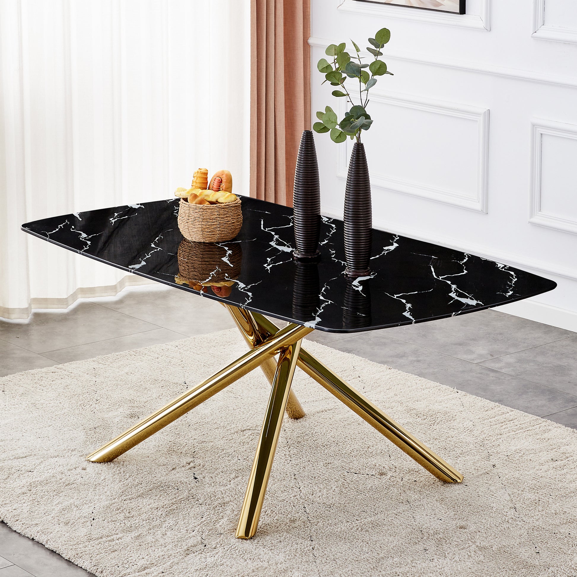 Large Modern Minimalist Rectangular Dining Table With 0.39 "Imitation Marble Black Tabletop And Golden Metal Legs, For Kitchen Dining Living Meeting Room Banquet Hall 1537 Black Glass