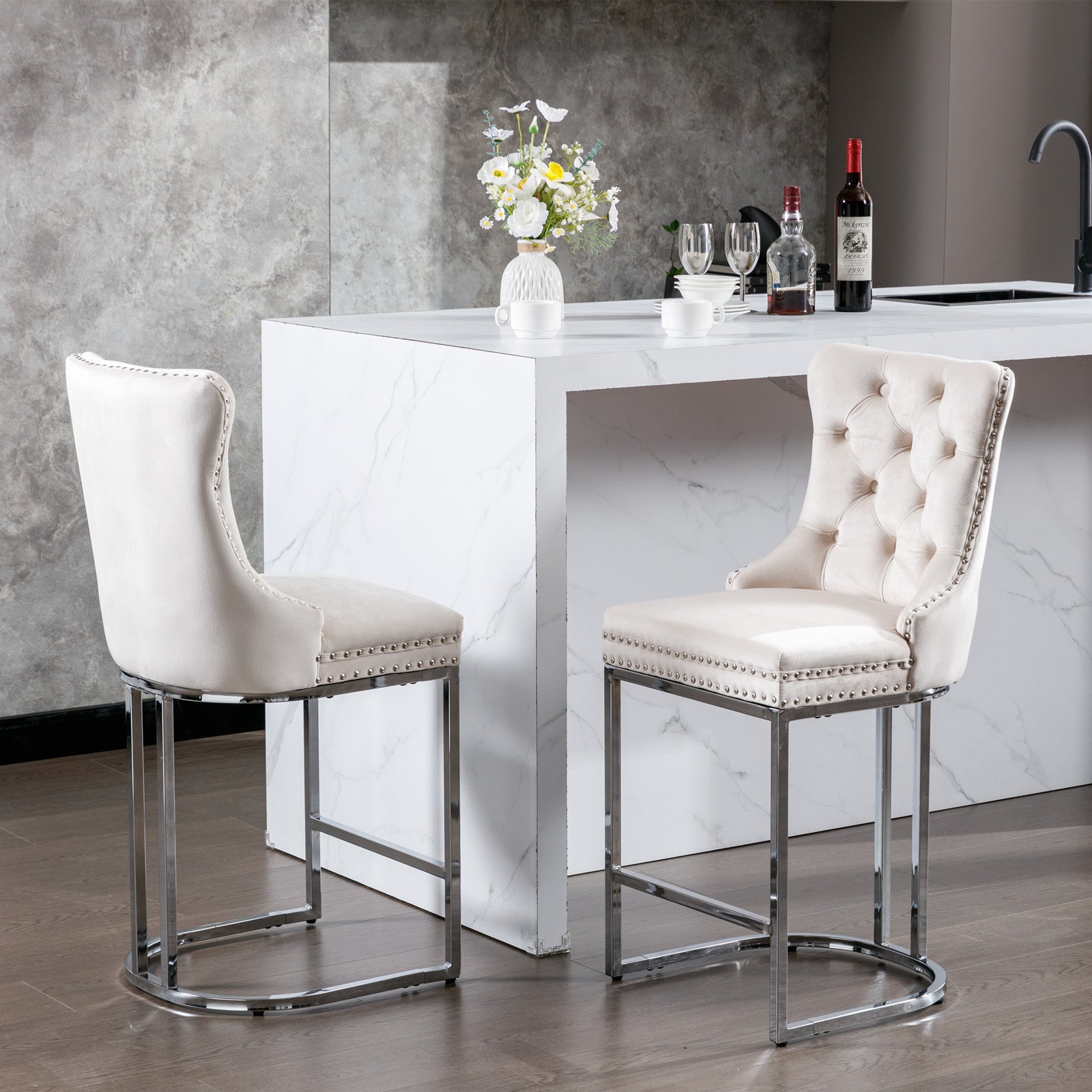 26" Counter Height Bar Stools Set Of 2, Modern Velvet Barstools With Button Back&Rivet Trim Upholstered Kitchen Island Chairs With Sturdy Chromed Metal Base Legs Farmhouse Bar Stools, Beige,2 Pack Beige Dining Room American Design Foam Velvet