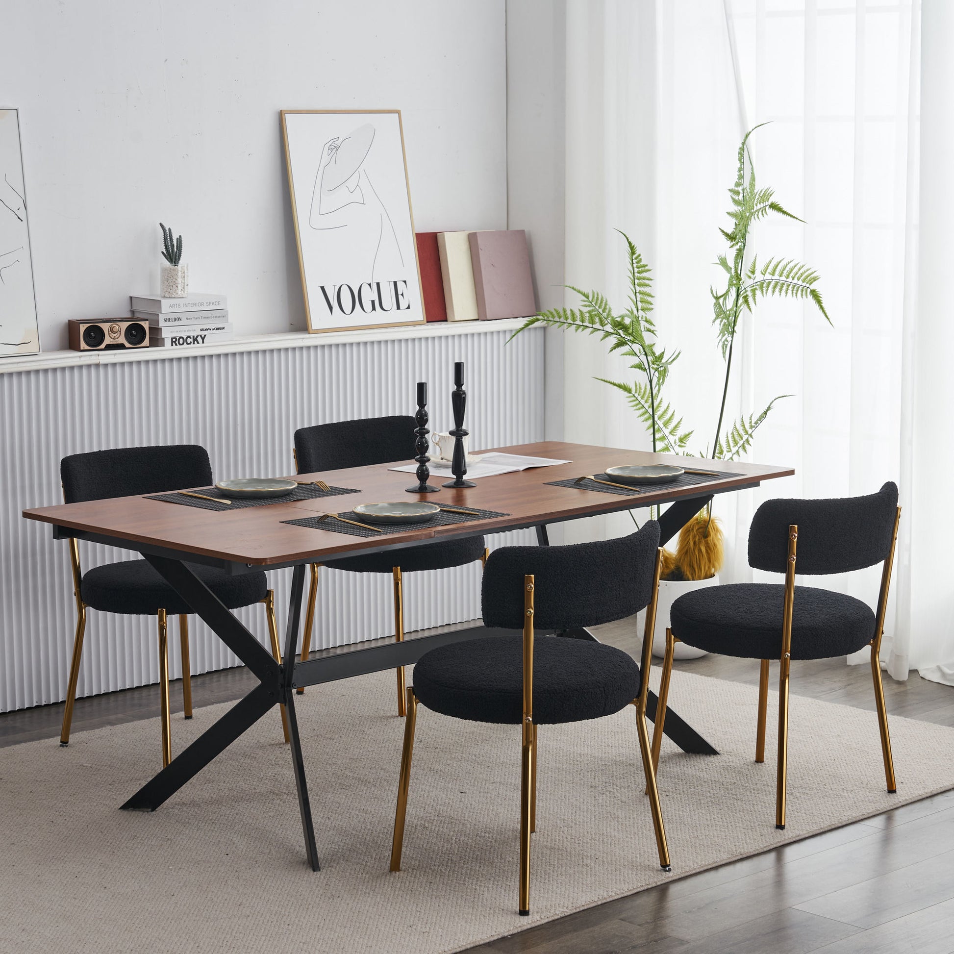 Set Of 4Mid Century Modern Dining Chairs Teddy Fabric Upholstery Curved Back Metal Frame Blackelegant And Comfortable Kitchen Chairs Black Metal