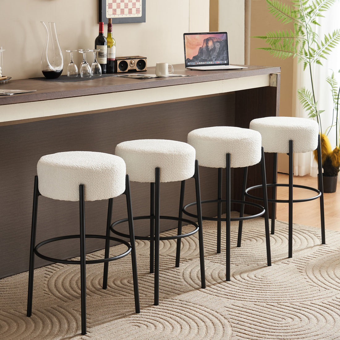 30" Tall, Round High Bar Stools, Set Of 2 Contemporary Upholstered Dining Stools For Kitchens, Coffee Shops And Bar Stores Includes Sturdy Hardware Support Legs Beige Foam