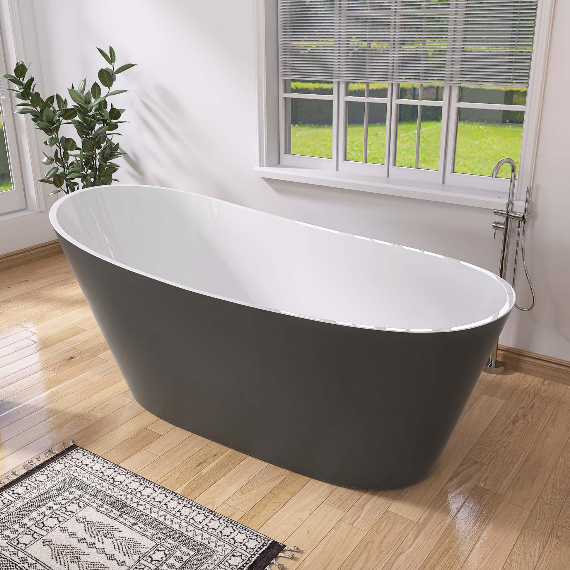 67" Acrylic Freestanding Bathtub Matte Grey Modern Stand Alone Soaking Bathtub, Brushed Nickel Drain And Minimalist Linear Design Overflow Included White Gray Oval Bathroom Freestanding Tubs Matte 61 69 In Contemporary,Modern,Vintage Soaking Center Front