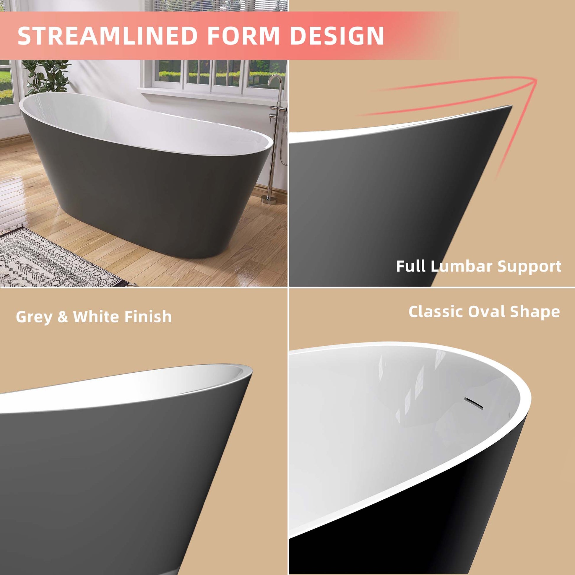 59" Acrylic Freestanding Bathtub Matte Grey Modern Stand Alone Soaking Bathtub, Brushed Nickel Drain And Minimalist Linear Design Overflow Included White Gray Oval Bathroom Freestanding Tubs Matte 59 61 In Contemporary,Modern,Vintage Soaking Center Front