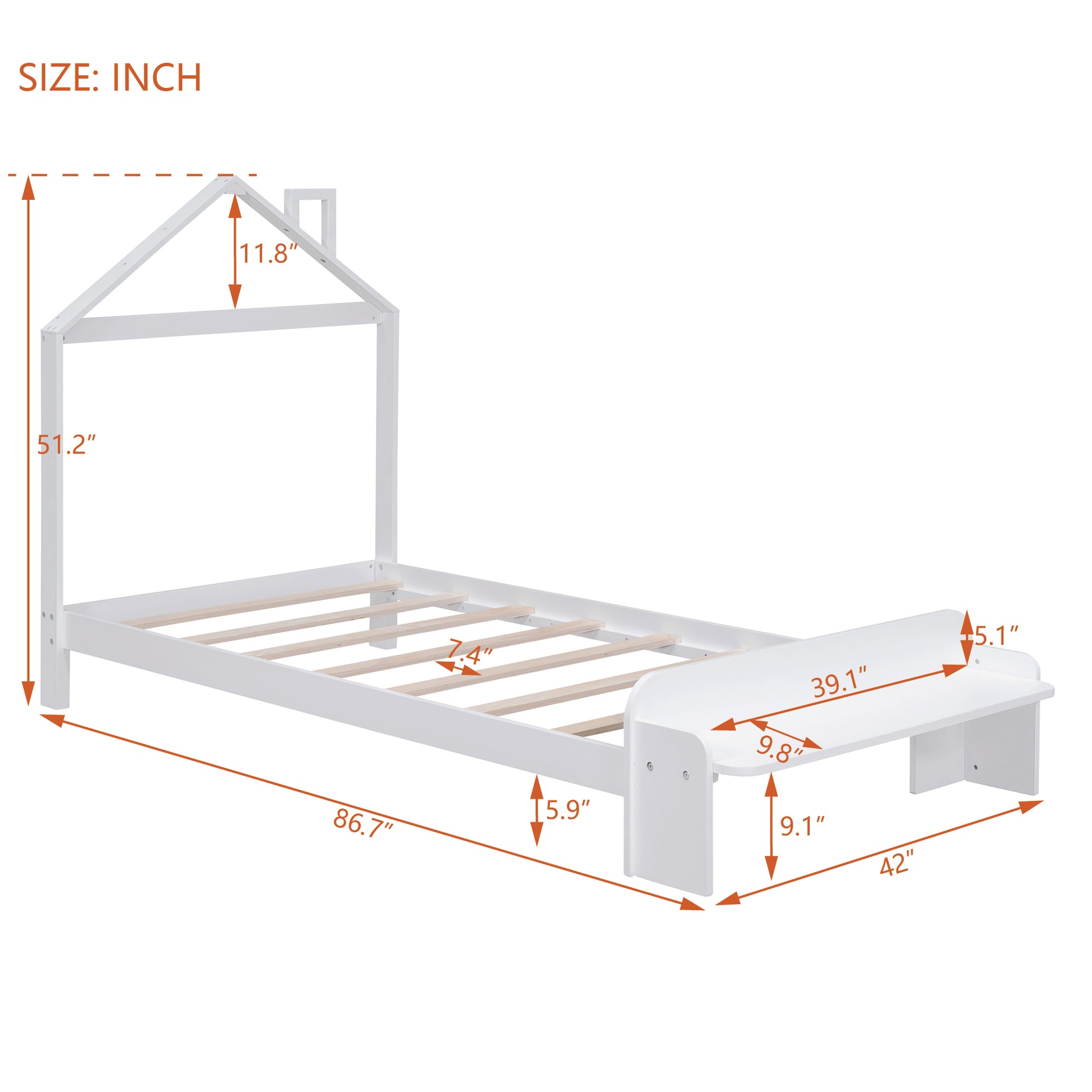 Twin Size Wood Platform Bed With House Shaped Headboard And Footboard Bench,White White Wood