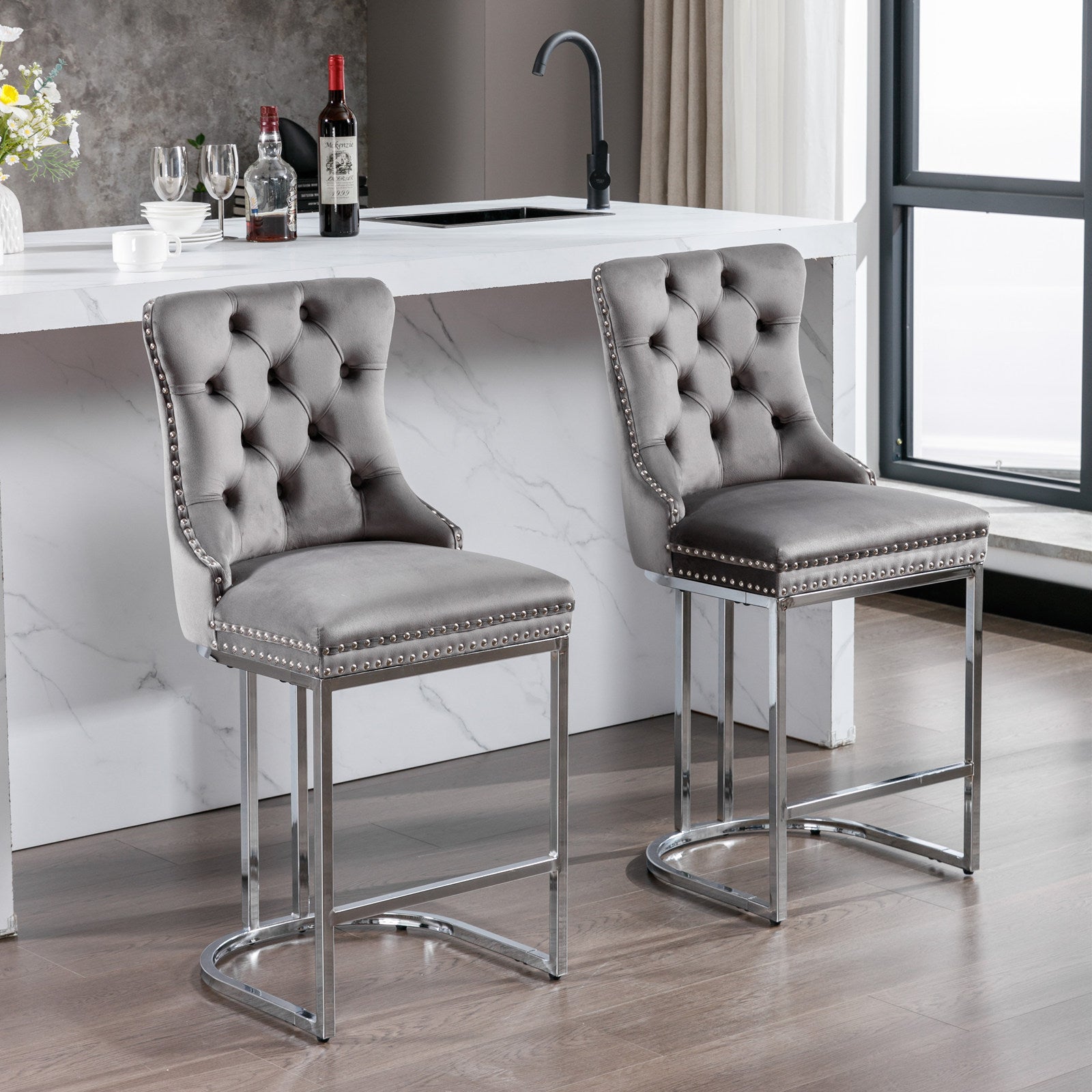 26" Counter Height Bar Stools Set Of 2, Modern Velvet Barstools With Button Back&Rivet Trim Upholstered Kitchen Island Chairs With Sturdy Chromed Metal Base Legs Farmhouse Bar Stools, Gray,2 Pack Gray Dining Room American Design Foam Velvet