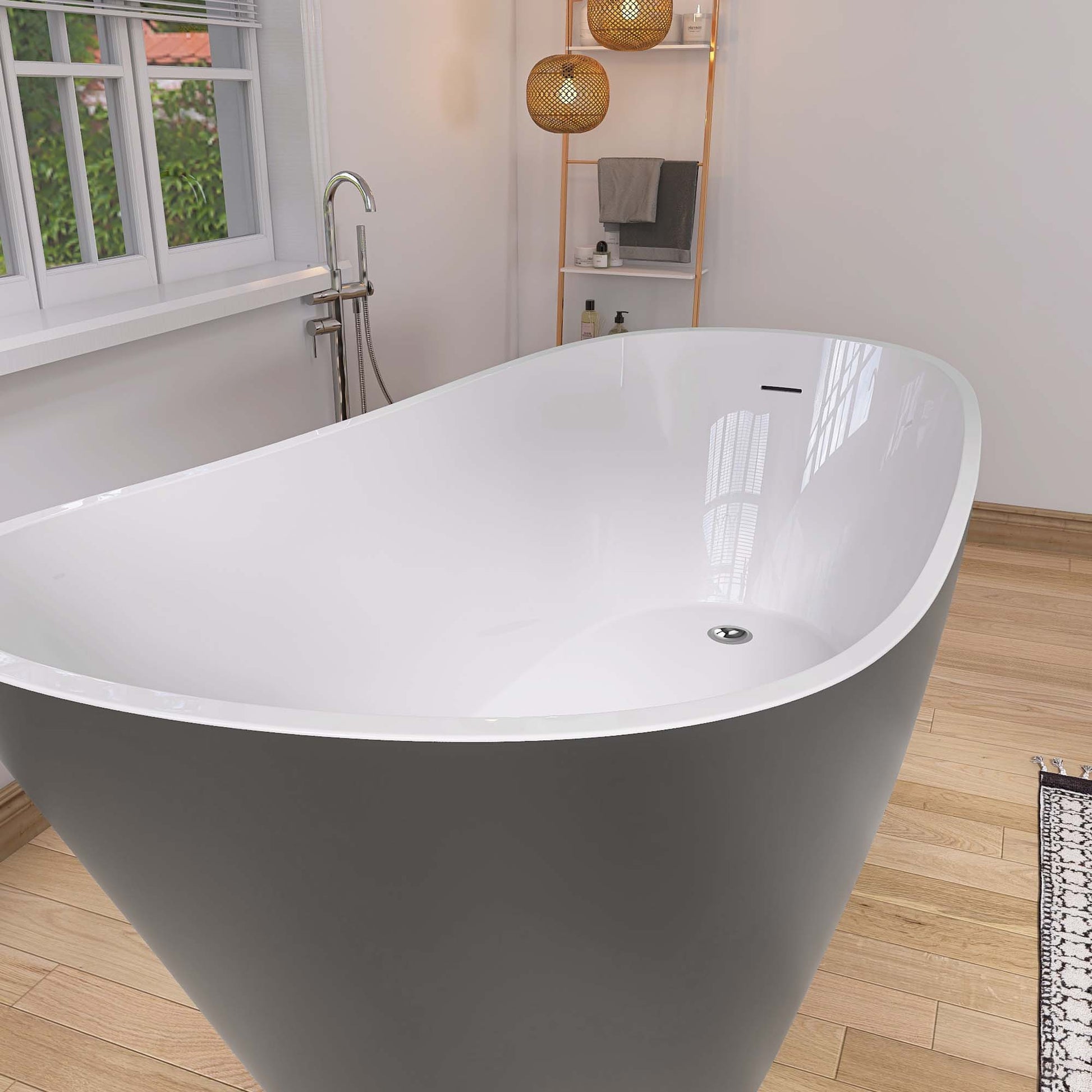 59" Acrylic Freestanding Bathtub Matte Grey Modern Stand Alone Soaking Bathtub, Brushed Nickel Drain And Minimalist Linear Design Overflow Included White Gray Oval Bathroom Freestanding Tubs Matte 59 61 In Contemporary,Modern,Vintage Soaking Center Front