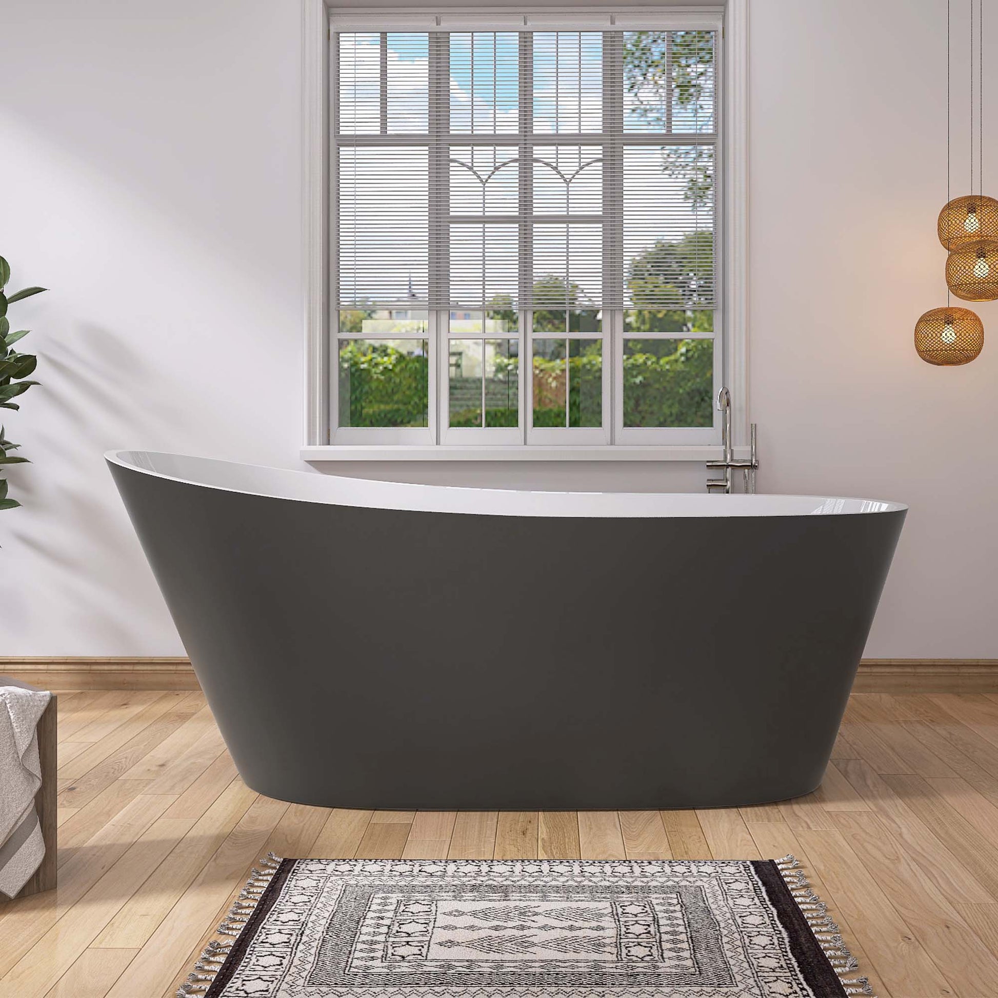 67" Acrylic Freestanding Bathtub Matte Grey Modern Stand Alone Soaking Bathtub, Brushed Nickel Drain And Minimalist Linear Design Overflow Included White Gray Oval Bathroom Freestanding Tubs Matte 61 69 In Contemporary,Modern,Vintage Soaking Center Front