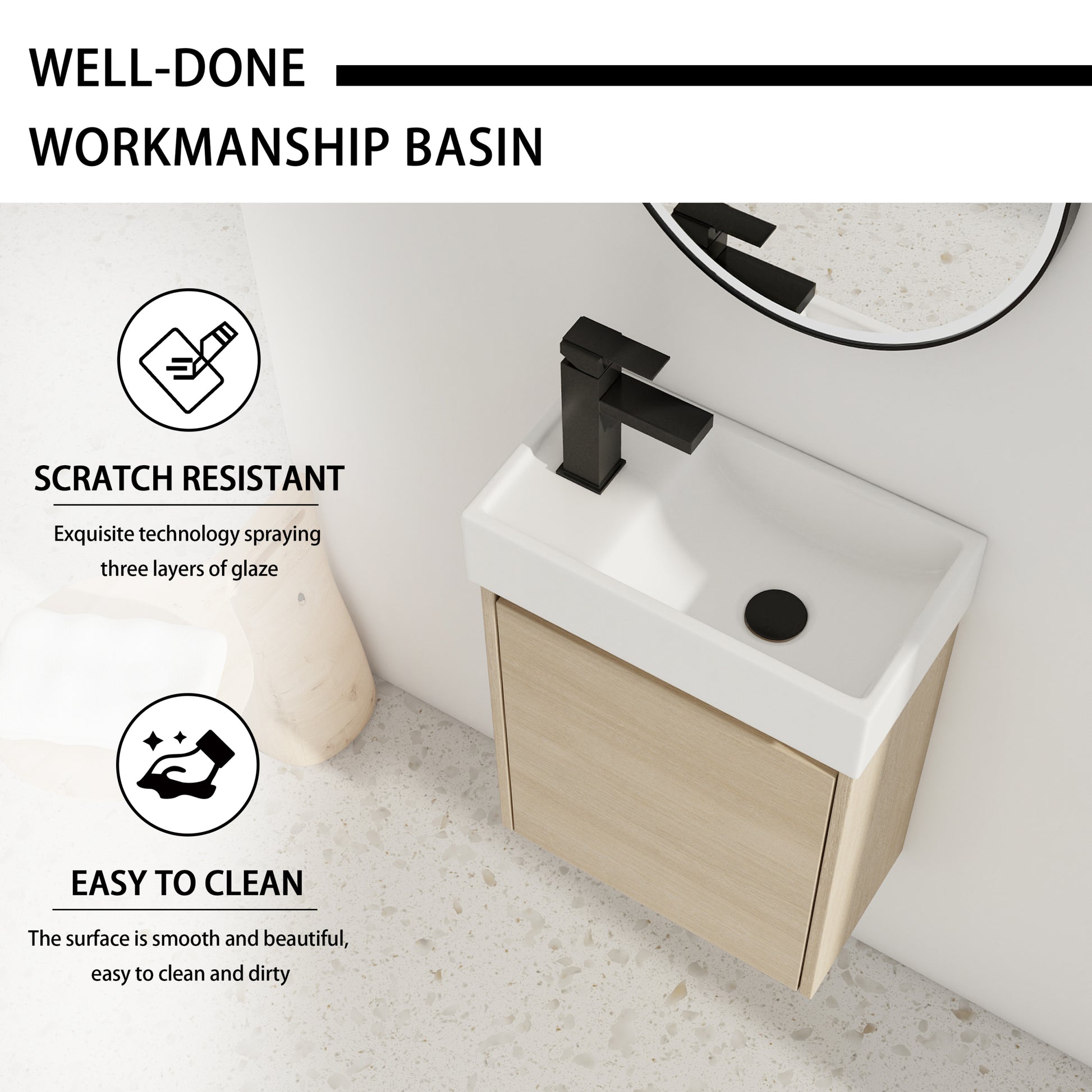 16 Inch Floating Bathroom Vanity With Single Sink,Soft plain light oak-plywood