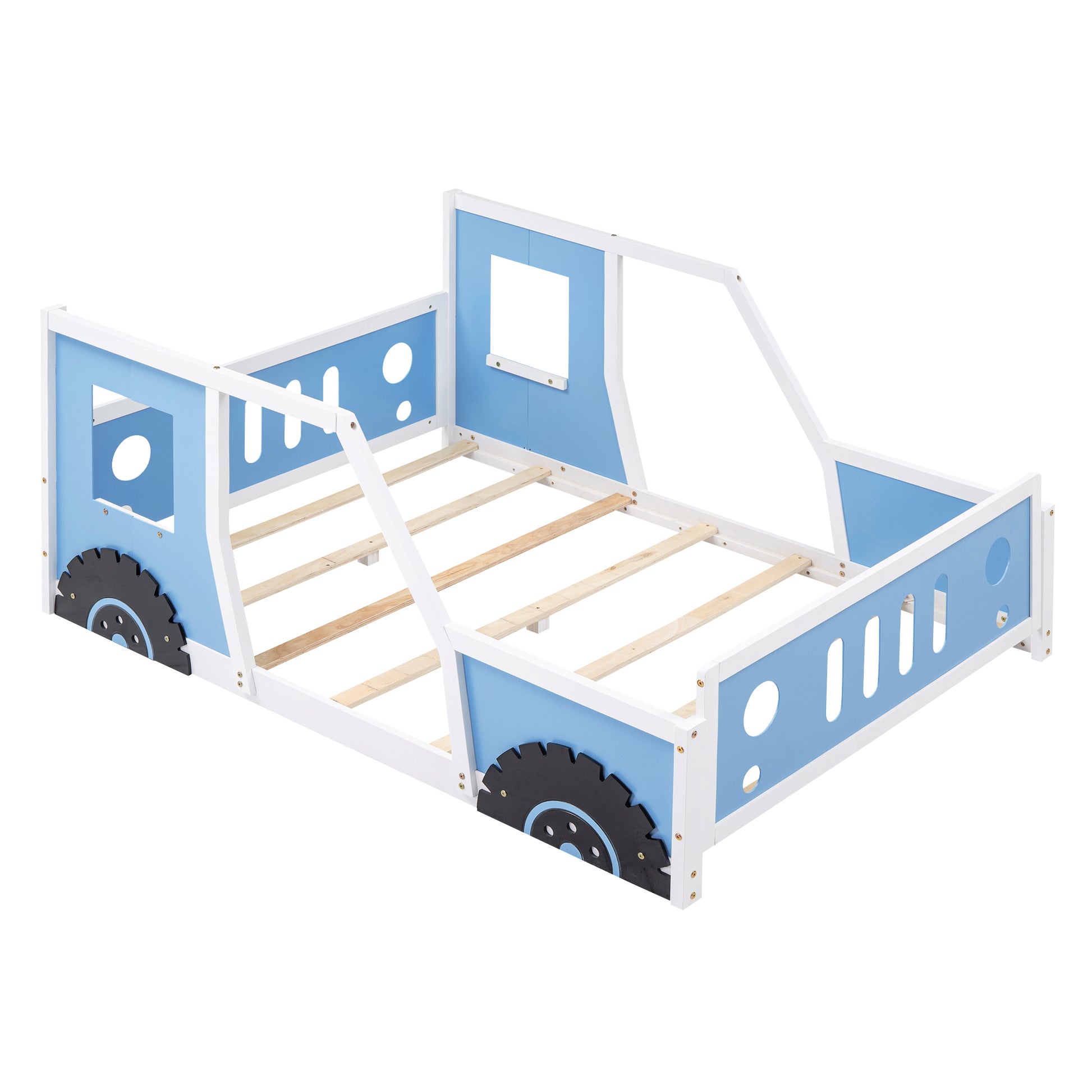 Full Size Classic Car Shaped Platform Bed With Wheels,Blue Blue Pine