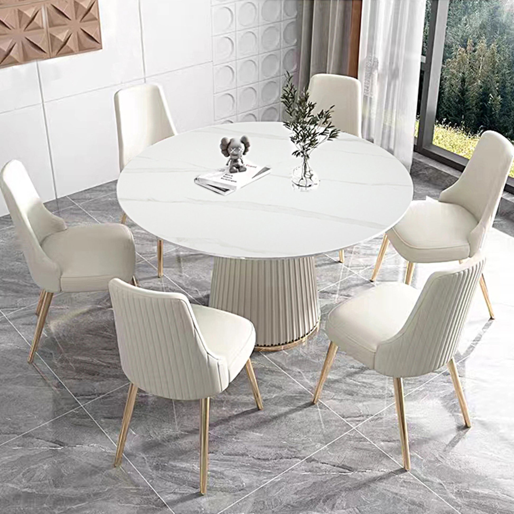 53 Inch Sintered Stone Carrara White Dining Table With 6Pcs Chairs White Dining Room American Design Sintered Stone