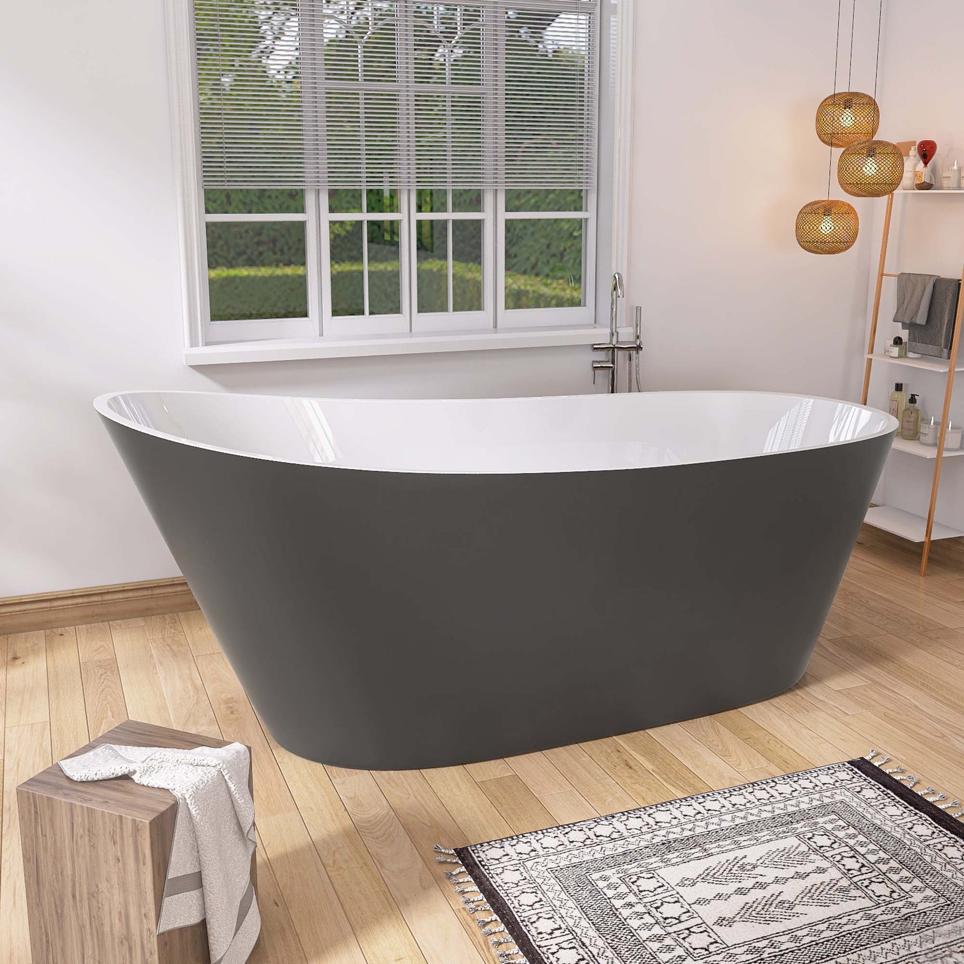 59" Acrylic Freestanding Bathtub Matte Grey Modern Stand Alone Soaking Bathtub, Brushed Nickel Drain And Minimalist Linear Design Overflow Included White Gray Oval Bathroom Freestanding Tubs Matte 59 61 In Contemporary,Modern,Vintage Soaking Center Front