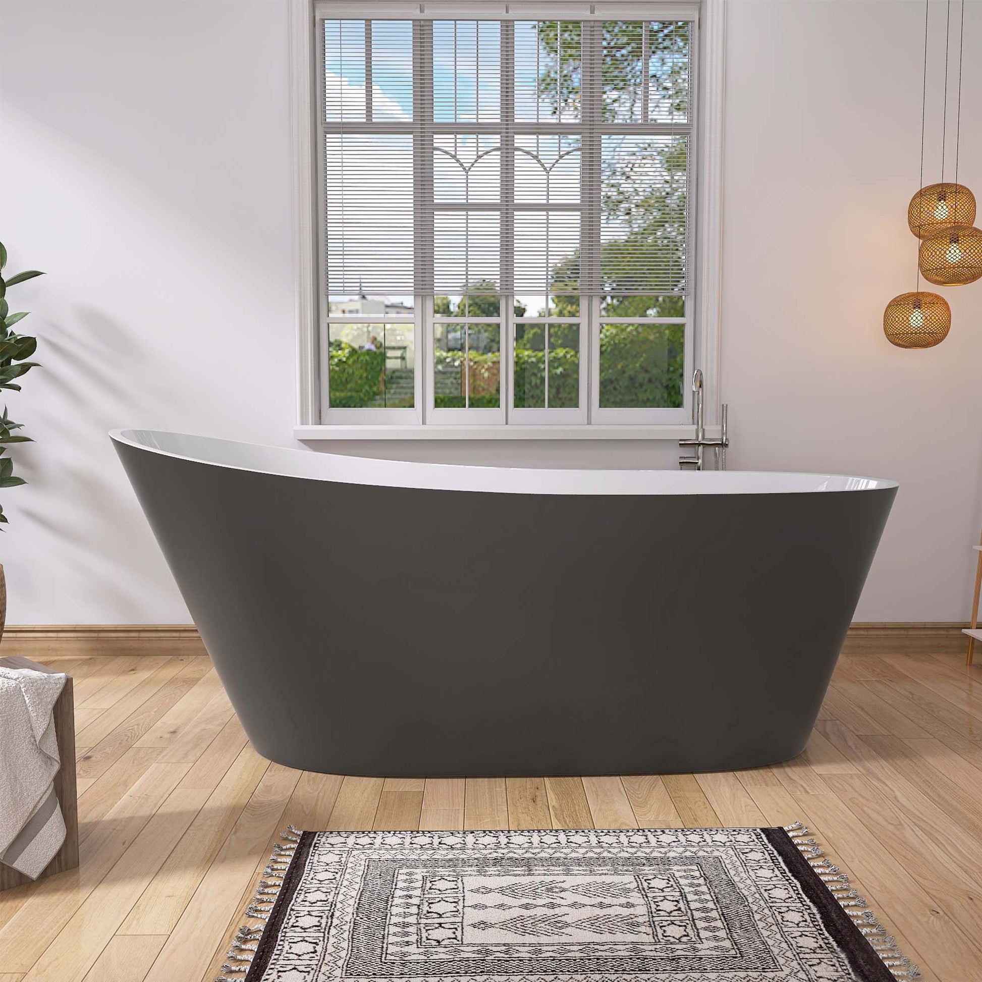 67" Acrylic Freestanding Bathtub Matte Grey Modern Stand Alone Soaking Bathtub, Brushed Nickel Drain And Minimalist Linear Design Overflow Included White Gray Oval Bathroom Freestanding Tubs Matte 61 69 In Contemporary,Modern,Vintage Soaking Center Front