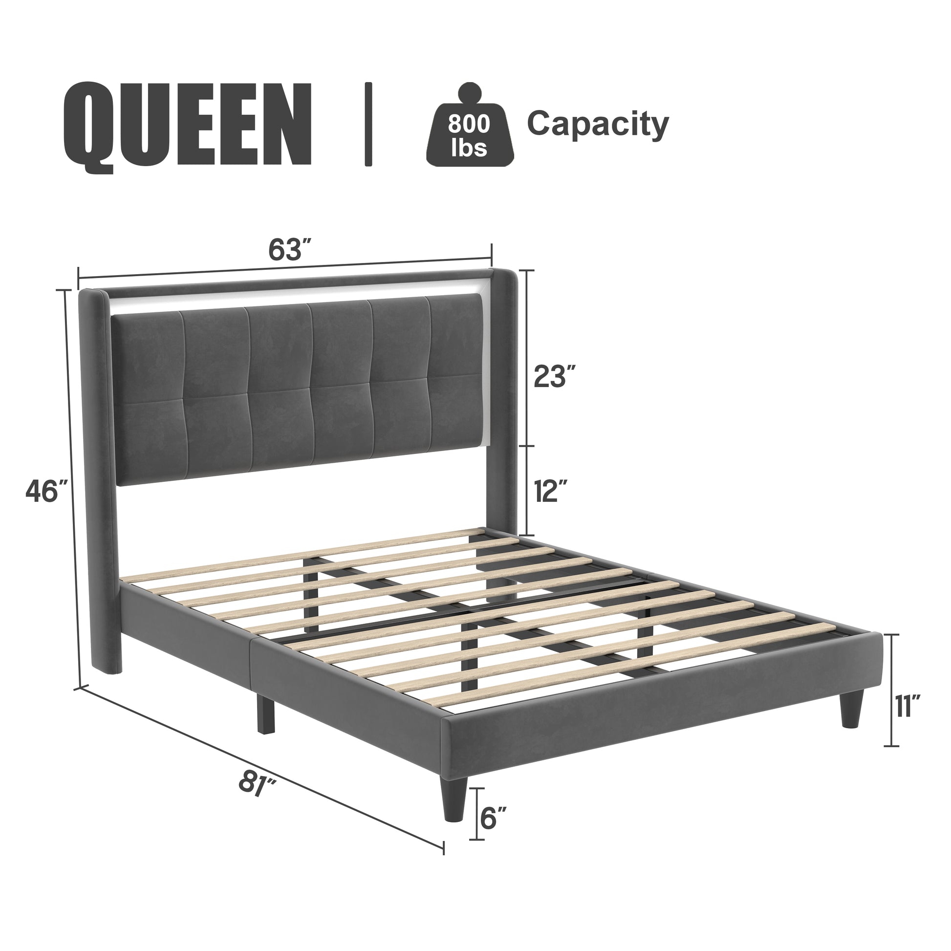 Queen Size Upholstered Platform Bed Frame With Headboard And Sturdy Wooden Slats, High Load Bearing Capacity, Non Slip And Noiseless, No Springs Required, Easy To Assemble, Dark Gray Bed Dark Grey Metal & Wood