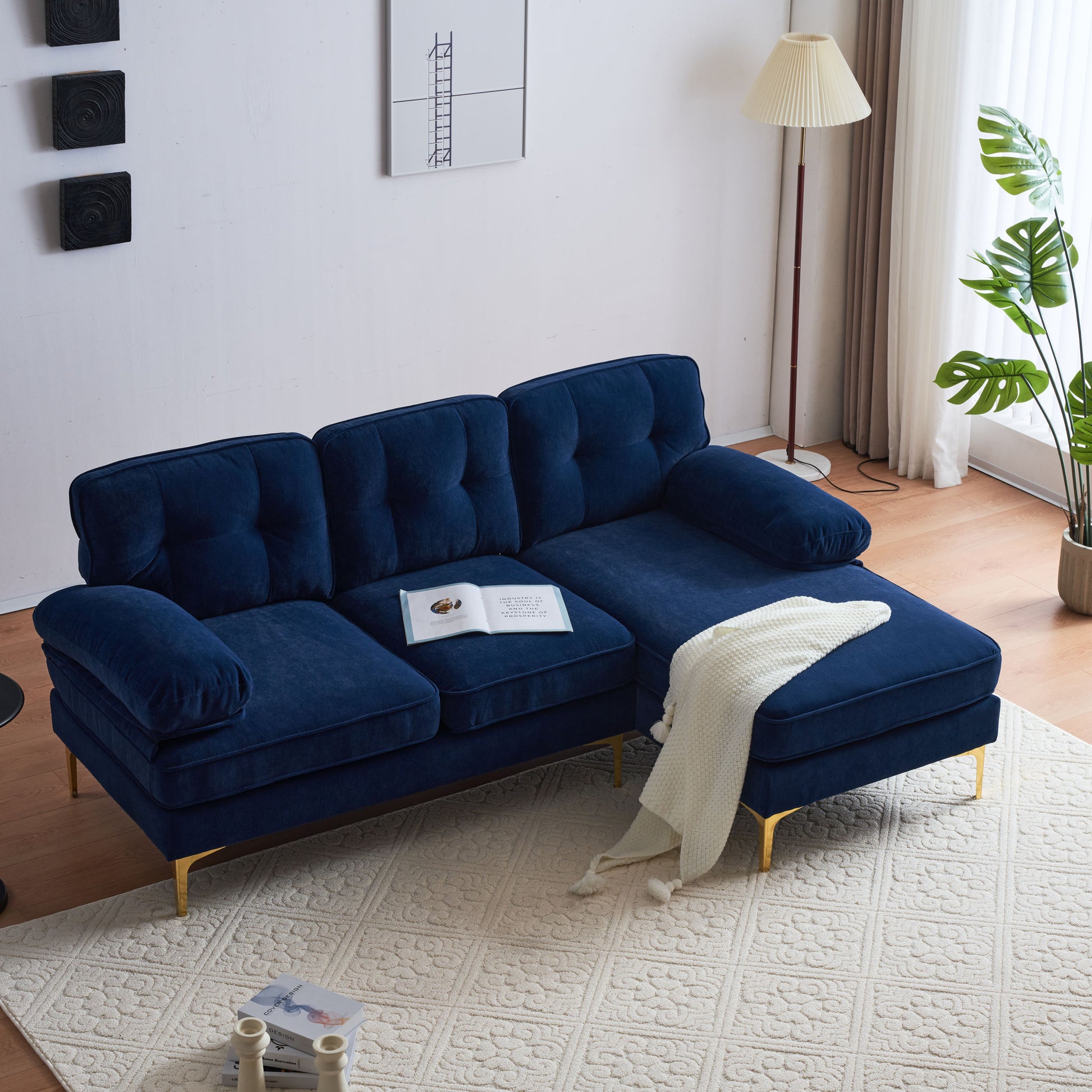 83" Modern Sectional Sofas Couches Velvet L Shaped Couches For Living Room, Bedroom, Blue Blue Foam Velvet