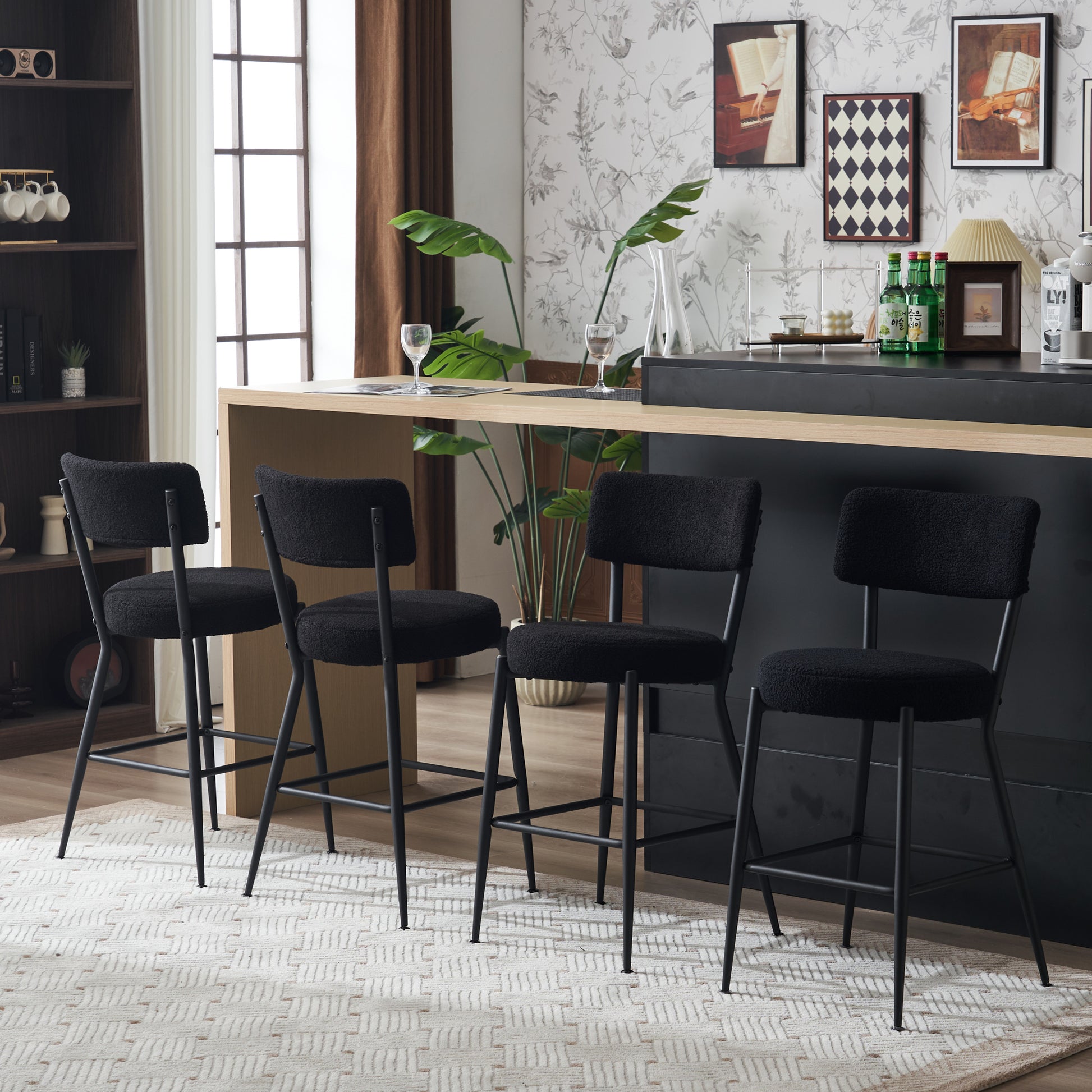 Set Of 4 Modern Teddy Fabric Upholstered Bar Stools Metal Base High Stool Suitable For Kitchen, Dining And Living Room Black Stylish And Comfortable Island Seating Black Metal