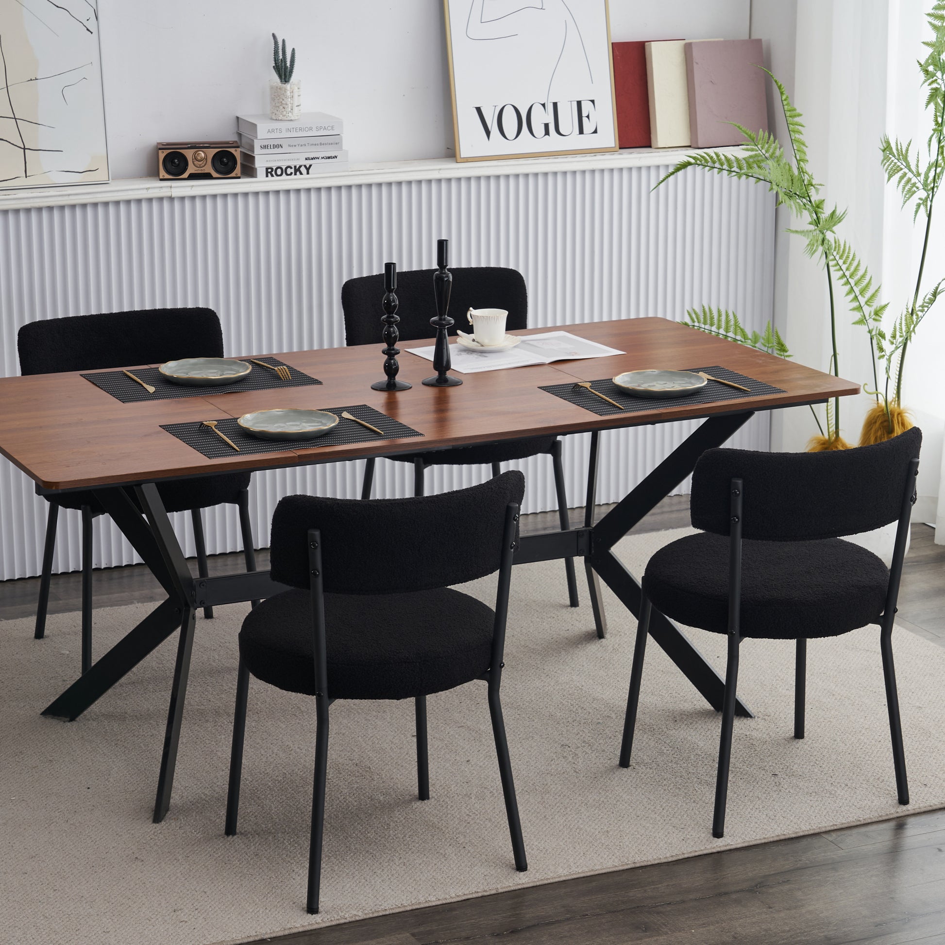 Set Of 2 Mid Century Modern Dining Chairs Teddy Fabric Upholstery Curved Back Metal Frame Black Elegant And Comfortable Kitchen Chairs Black Metal