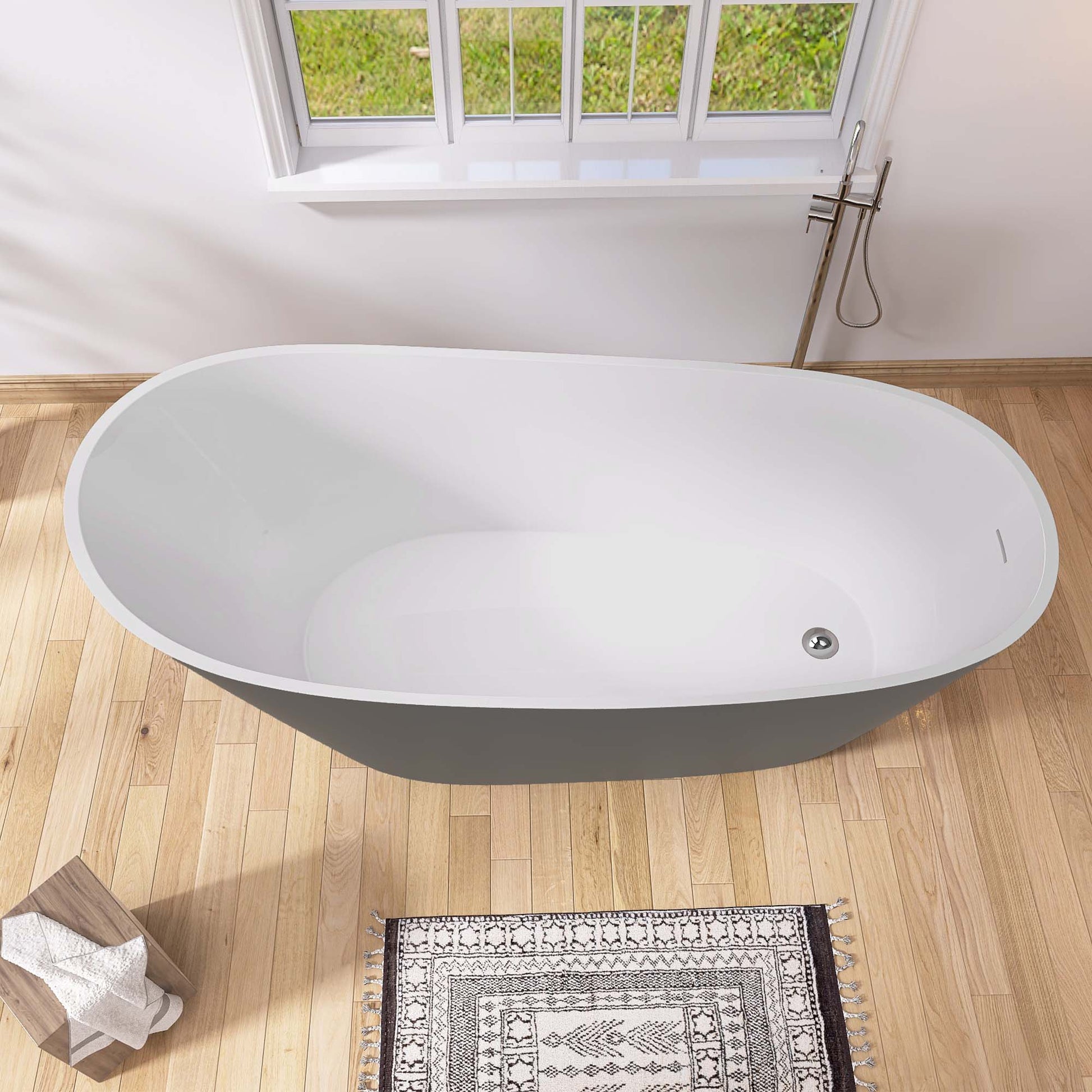 67" Acrylic Freestanding Bathtub Matte Grey Modern Stand Alone Soaking Bathtub, Brushed Nickel Drain And Minimalist Linear Design Overflow Included White Gray Oval Bathroom Freestanding Tubs Matte 61 69 In Contemporary,Modern,Vintage Soaking Center Front