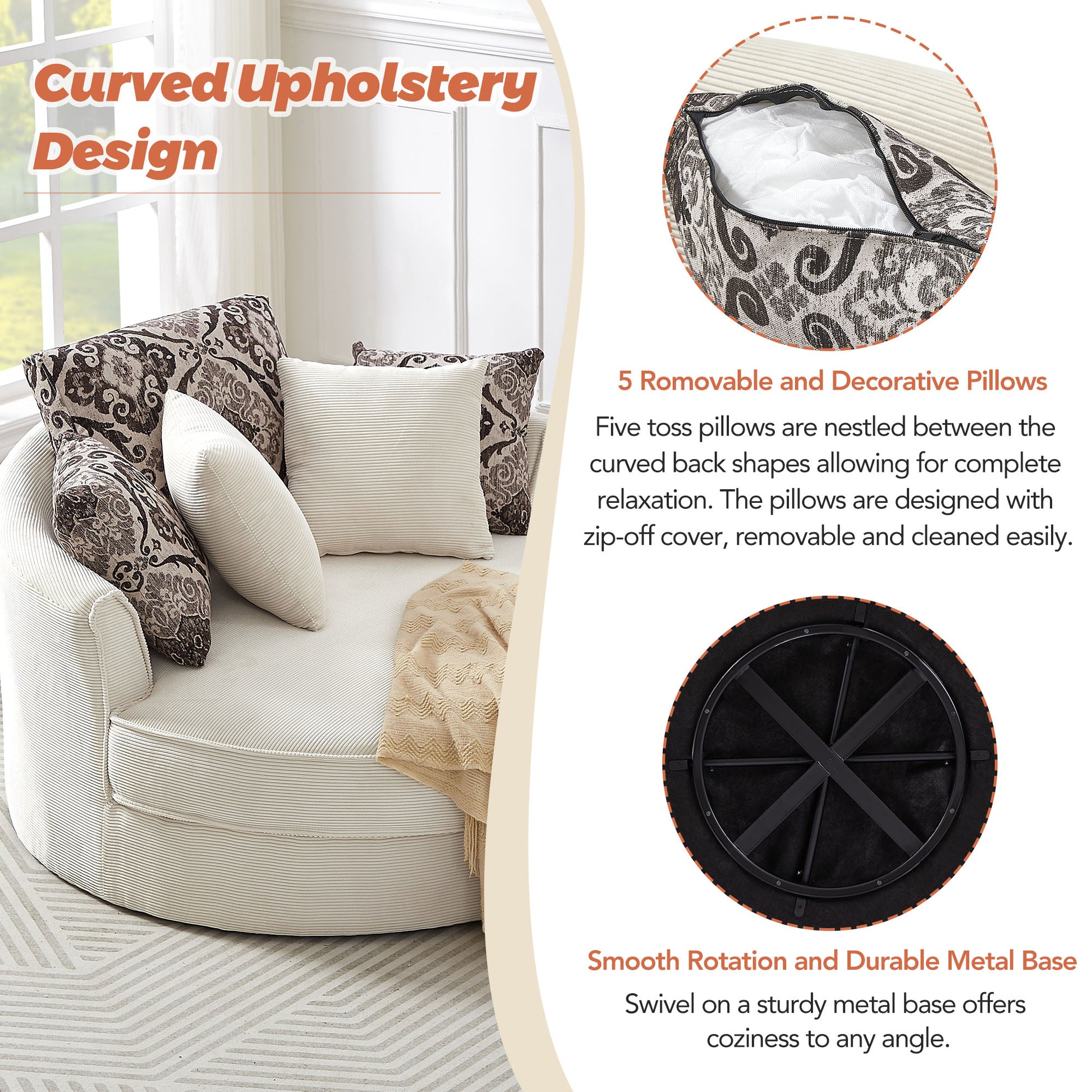 Swivel Accent Barrel Chair With 5 Movable Pillow 360 Degree Swivel Round Sofa Chair For Living Room,Bedroom, Hotel, Beige Beige Foam Corduroy