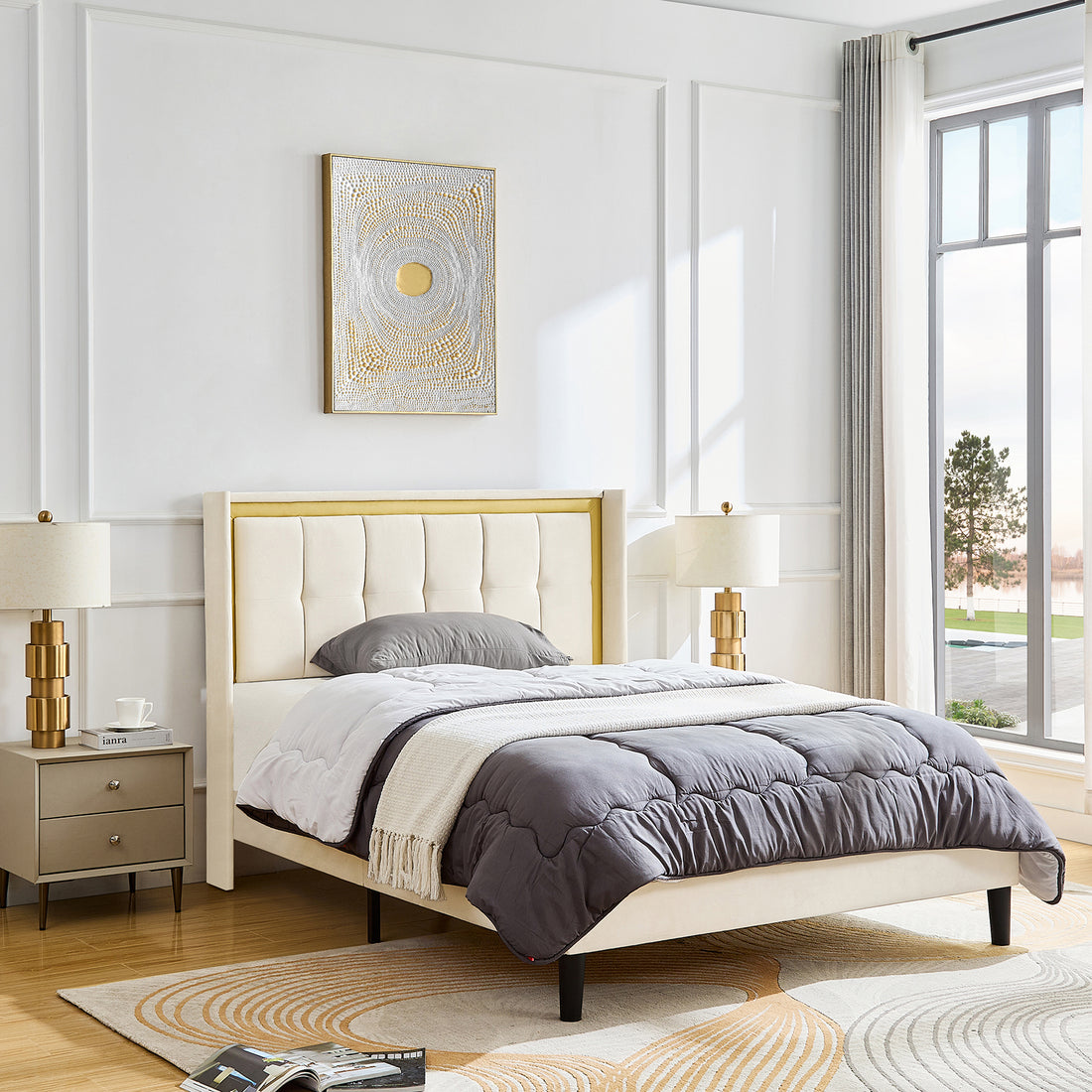 Queen Size Upholstered Bed With Headboard, Sturdy Wooden Slats, High Load Bearing Capacity, Non Slip And Noiseless, No Springs, Easy To Assemble, Beige Queen Beige Wood