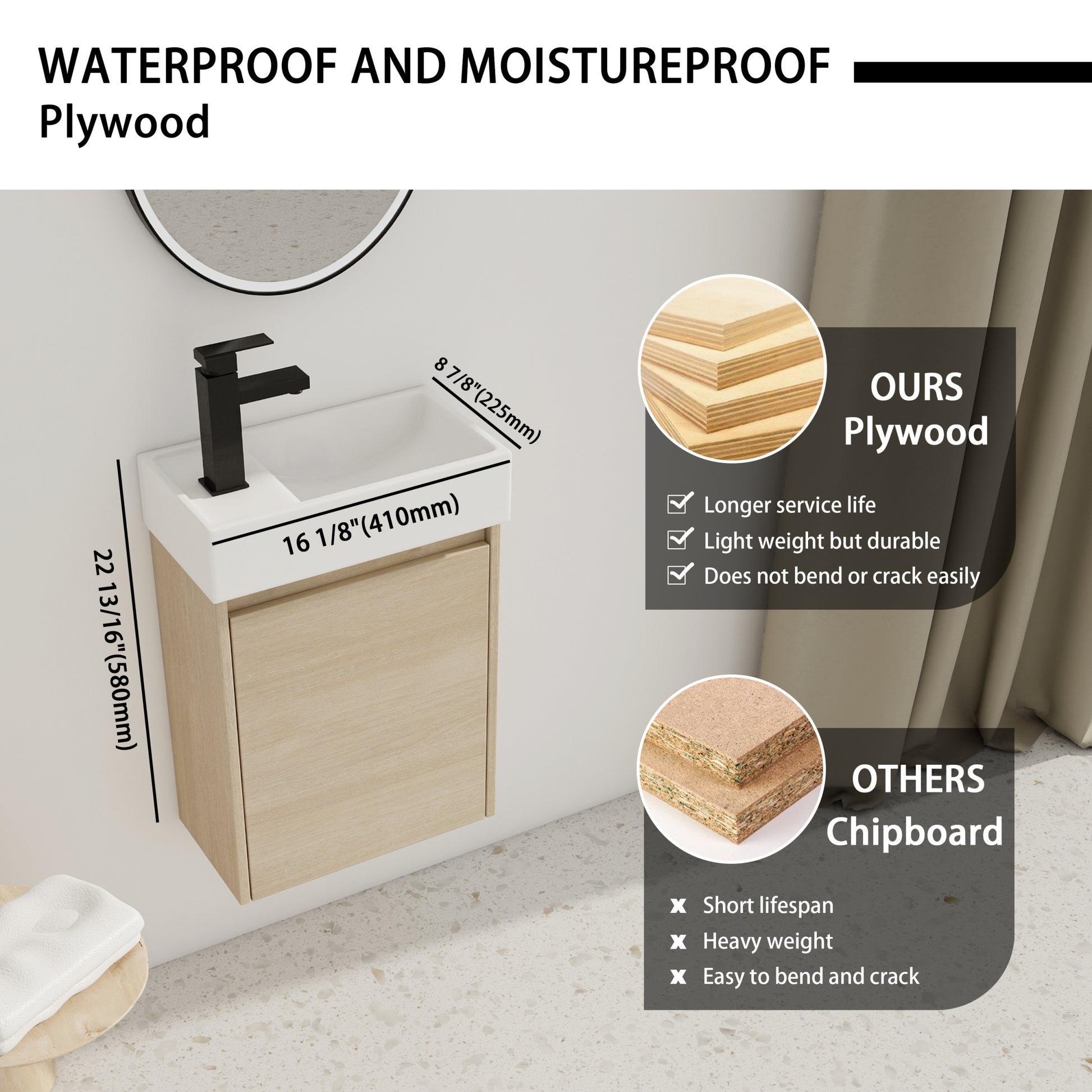 16 Inch Floating Bathroom Vanity With Single Sink,Soft plain light oak-plywood