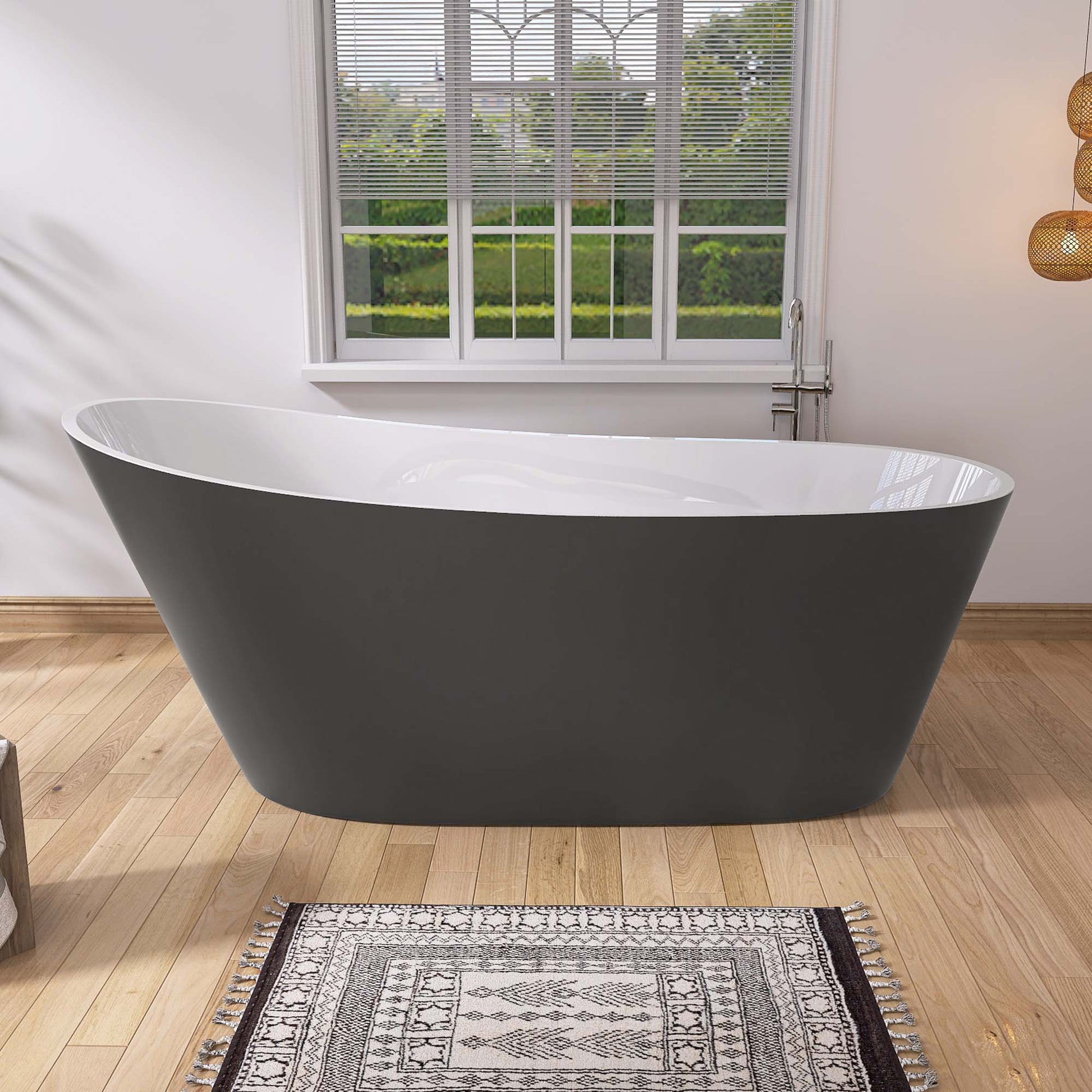 59" Acrylic Freestanding Bathtub Matte Grey Modern Stand Alone Soaking Bathtub, Brushed Nickel Drain And Minimalist Linear Design Overflow Included White Gray Oval Bathroom Freestanding Tubs Matte 59 61 In Contemporary,Modern,Vintage Soaking Center Front