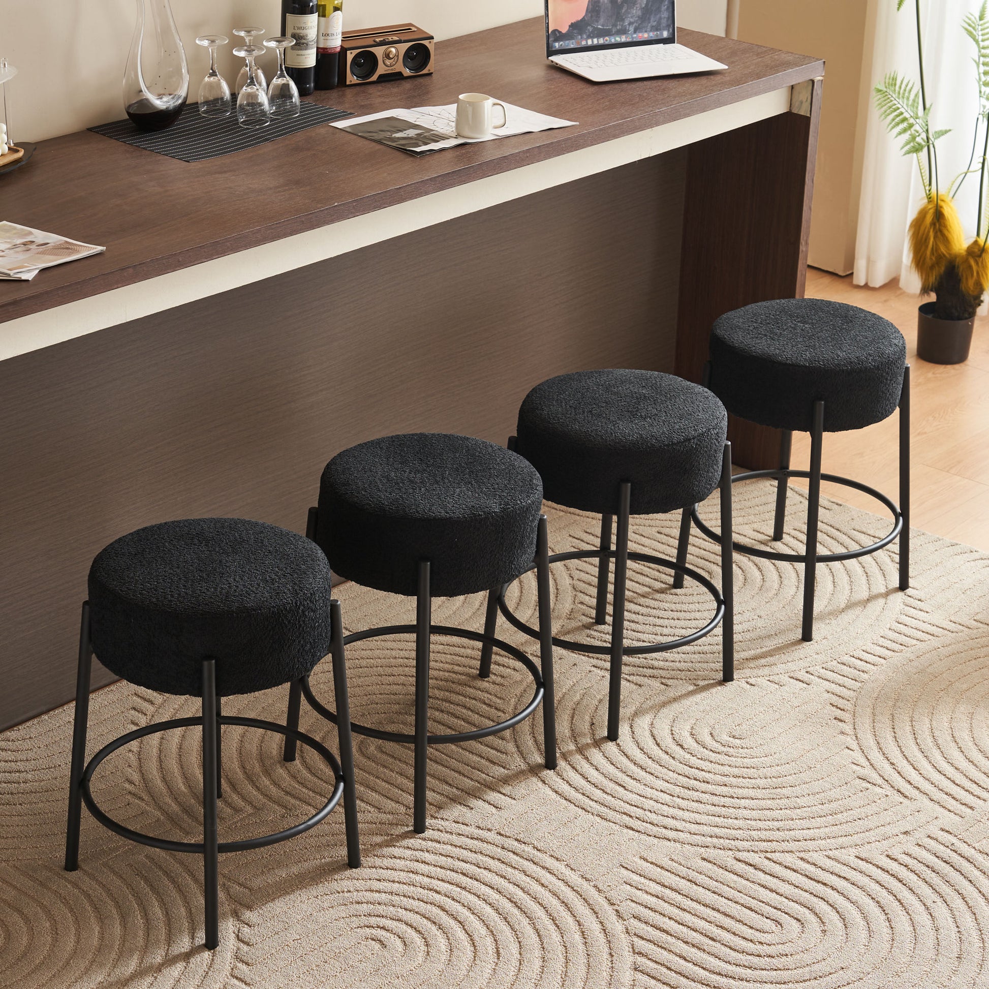 24" Tall, Round Bar Stools, Set Of 2 Contemporary Upholstered Dining Stools For Kitchens, Coffee Shops And Bar Stores Includes Sturdy Hardware Support Legs Black Foam