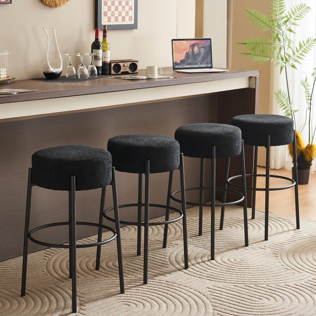 30" Tall, Round High Bar Stools, Set Of 2 Contemporary Upholstered Dining Stools For Kitchens, Coffee Shops And Bar Stores Includes Sturdy Hardware Support Legs Black Foam