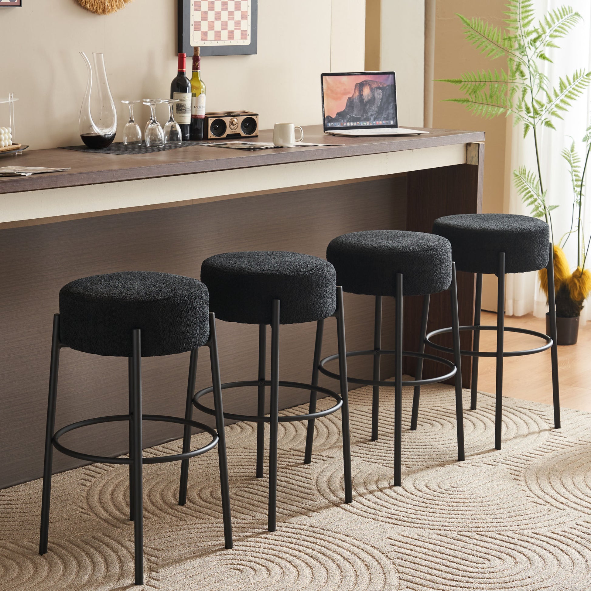 30" Tall, Round High Bar Stools, Set Of 2 Contemporary Upholstered Dining Stools For Kitchens, Coffee Shops And Bar Stores Includes Sturdy Hardware Support Legs Black Foam