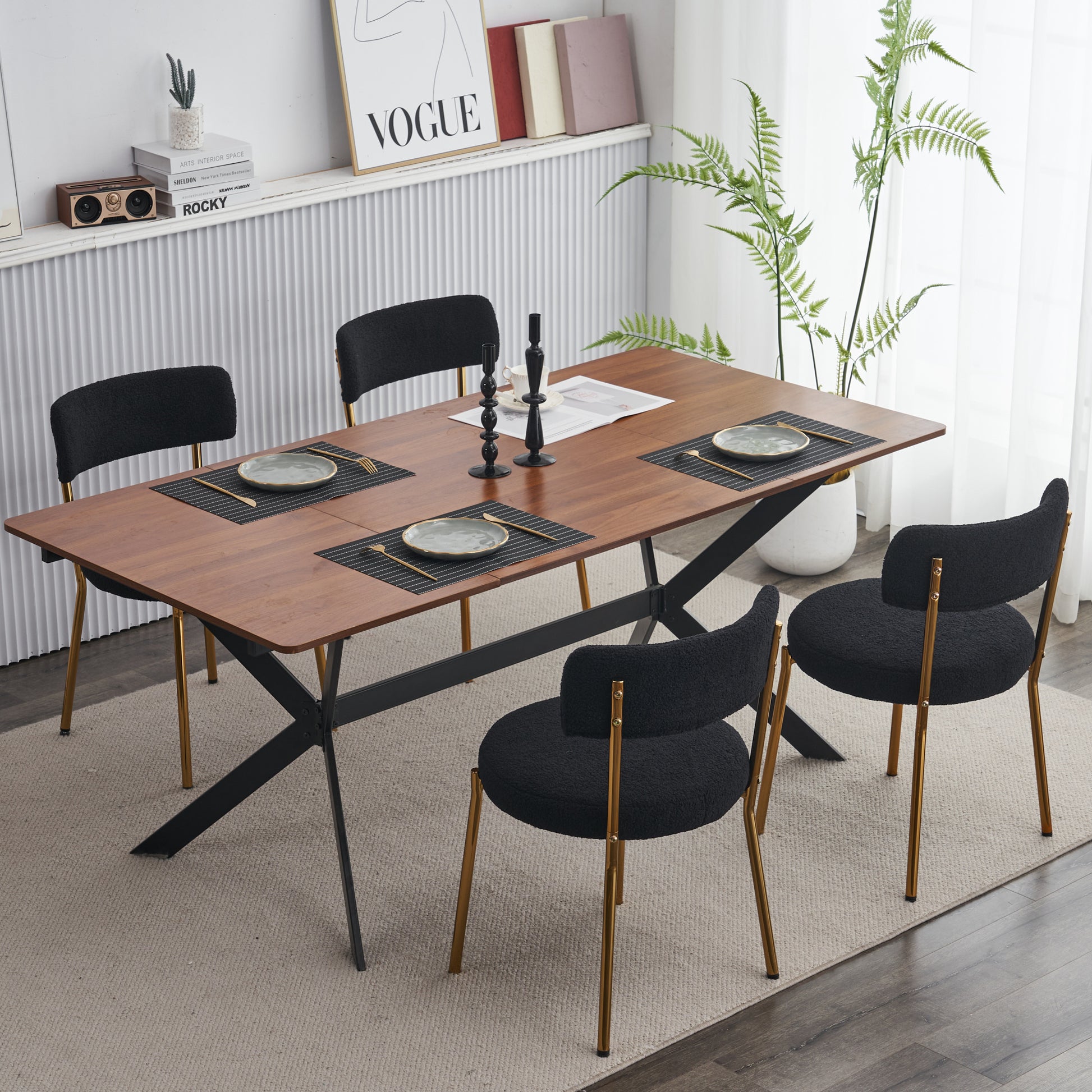 Set Of 2 Mid Century Modern Dining Chairs Teddy Fabric Upholstery Curved Back Metal Frame Black Elegant And Comfortable Kitchen Chairs Black Metal