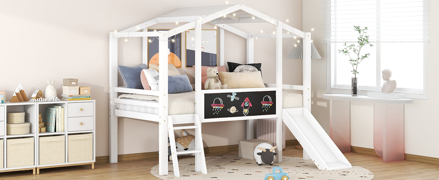 Twin Size Loft Bed With Ladder And Slide, House Bed With Blackboard And Light Strip On The Roof, White White Solid Wood Mdf