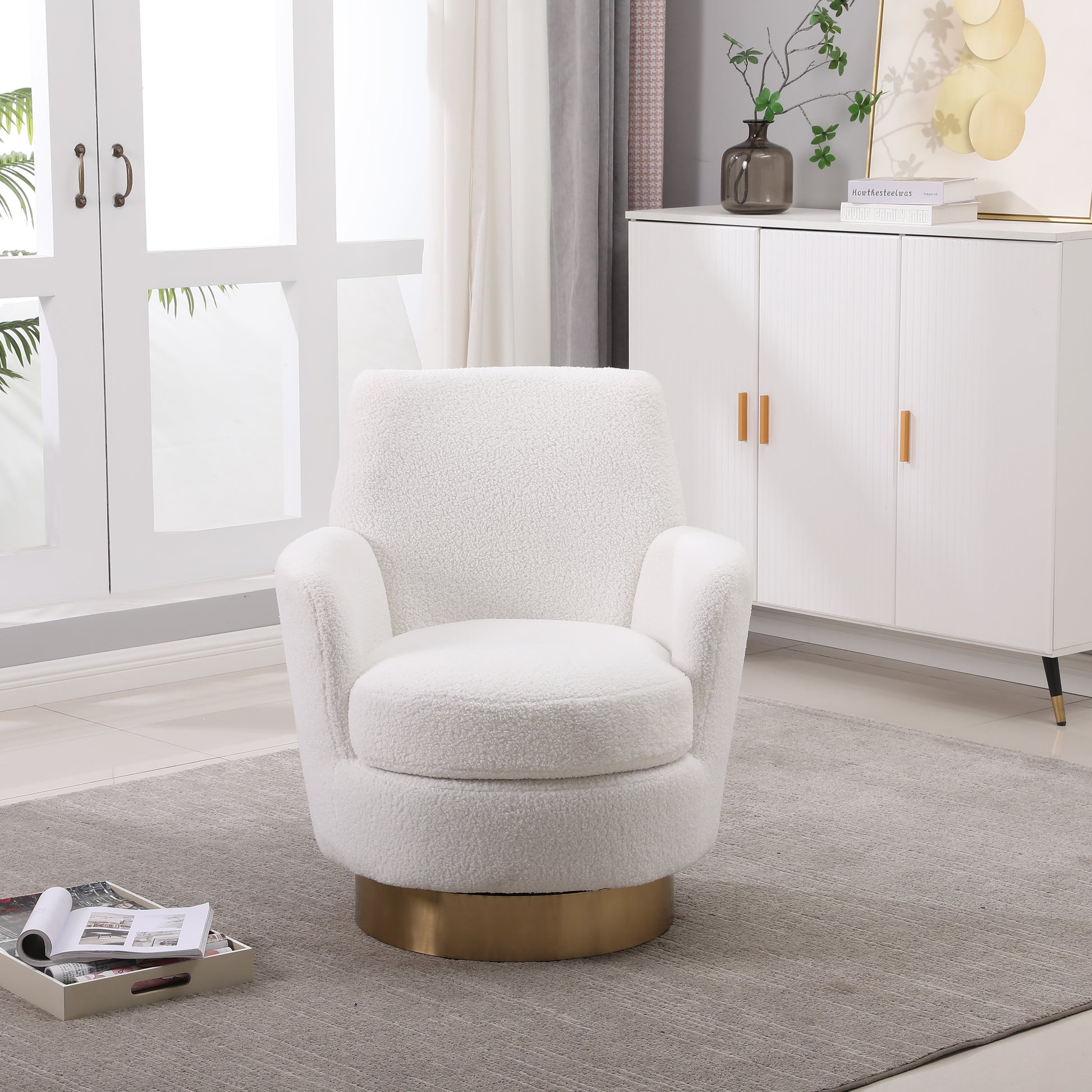 Teddy Swivel Barrel Chair, Swivel Accent Chairs Armchair For Living Room, Reading Chairs For Bedroom Comfy, Round Barrel Chairs With Gold Stainless Steel Base Ivory Ivory Primary Living Space American Design Foam Faux Fur