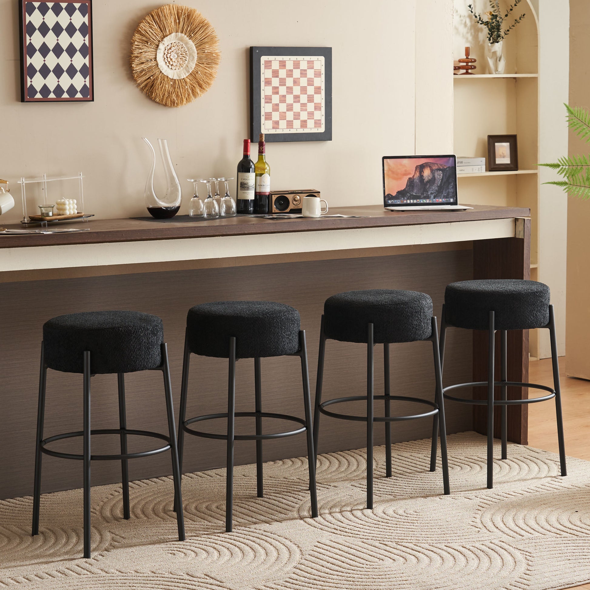30" Tall, Round High Bar Stools, Set Of 2 Contemporary Upholstered Dining Stools For Kitchens, Coffee Shops And Bar Stores Includes Sturdy Hardware Support Legs Black Foam