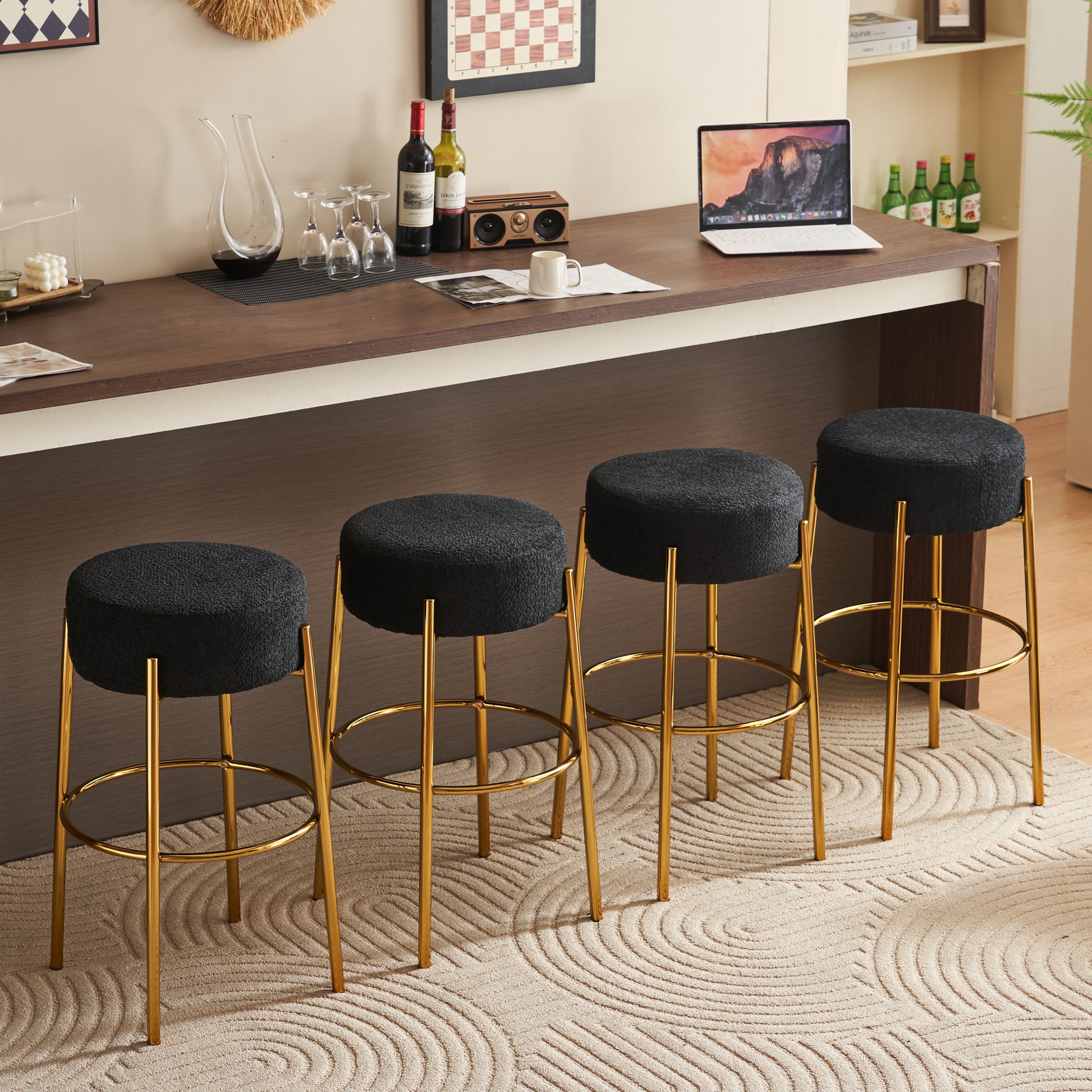 30" Tall, Round High Bar Stools, Set Of 2 Contemporary Upholstered Dining Stools For Kitchens, Coffee Shops And Bar Stores Includes Sturdy Hardware Support Legs Black Foam