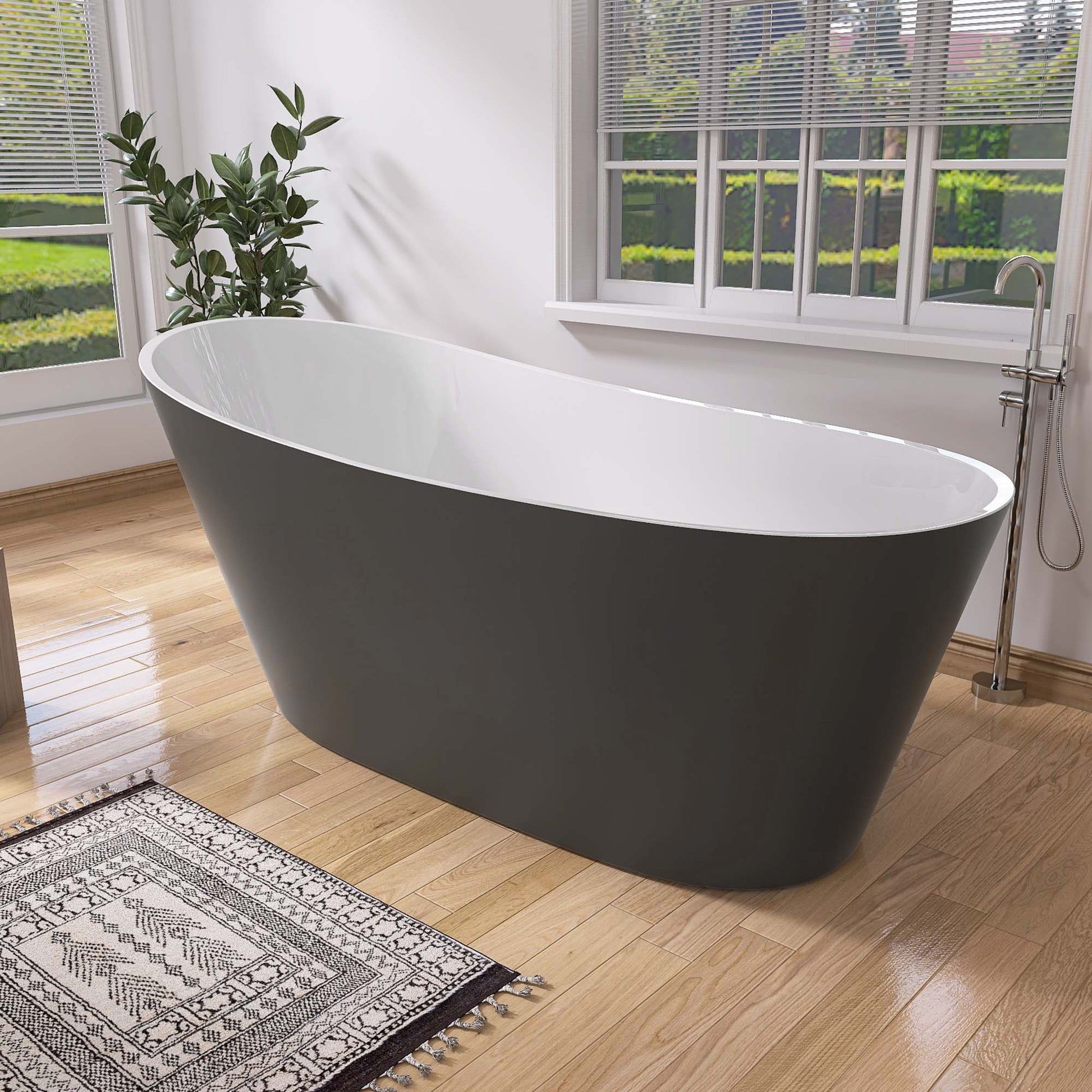 67" Acrylic Freestanding Bathtub Matte Grey Modern Stand Alone Soaking Bathtub, Brushed Nickel Drain And Minimalist Linear Design Overflow Included White Gray Oval Bathroom Freestanding Tubs Matte 61 69 In Contemporary,Modern,Vintage Soaking Center Front