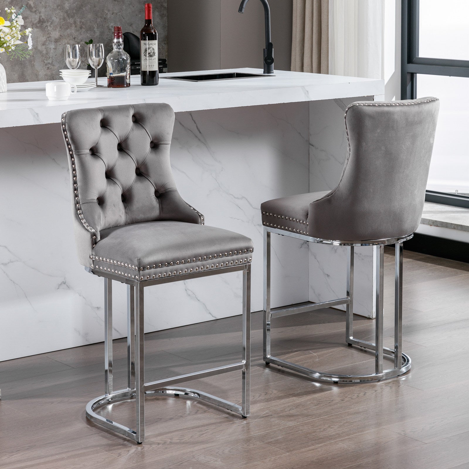 26" Counter Height Bar Stools Set Of 2, Modern Velvet Barstools With Button Back&Rivet Trim Upholstered Kitchen Island Chairs With Sturdy Chromed Metal Base Legs Farmhouse Bar Stools, Gray,2 Pack Gray Dining Room American Design Foam Velvet