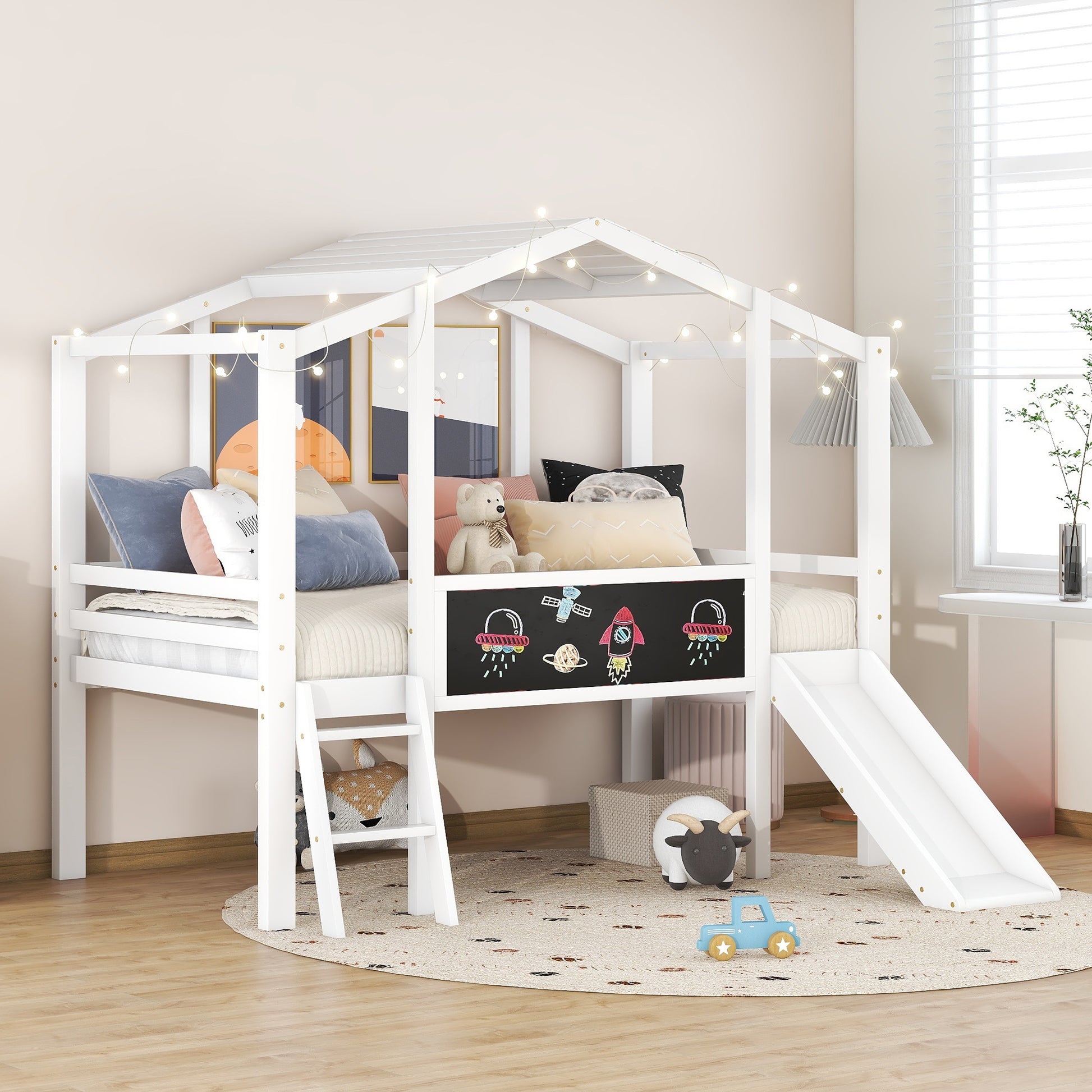 Twin Size Loft Bed With Ladder And Slide, House Bed With Blackboard And Light Strip On The Roof, White White Solid Wood Mdf