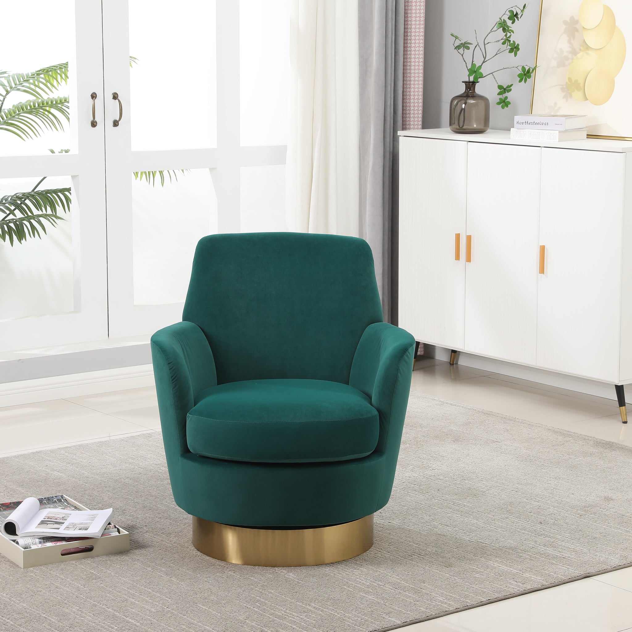 Velvet Swivel Barrel Chair, Swivel Accent Chairs Armchair For Living Room, Reading Chairs For Bedroom Comfy, Round Barrel Chairs With Gold Stainless Steel Base Emerald Emerald Primary Living Space