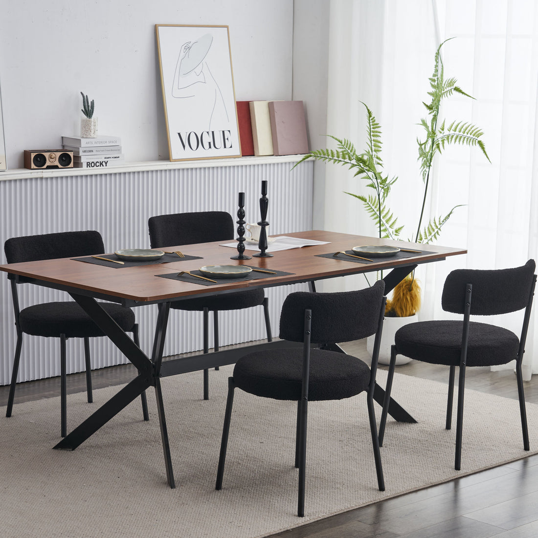 Set Of 4 Mid Century Modern Dining Chairs Teddy Fabric Upholstery Curved Back Metal Frame Black Elegant And Comfortable Kitchen Chairs Black Metal