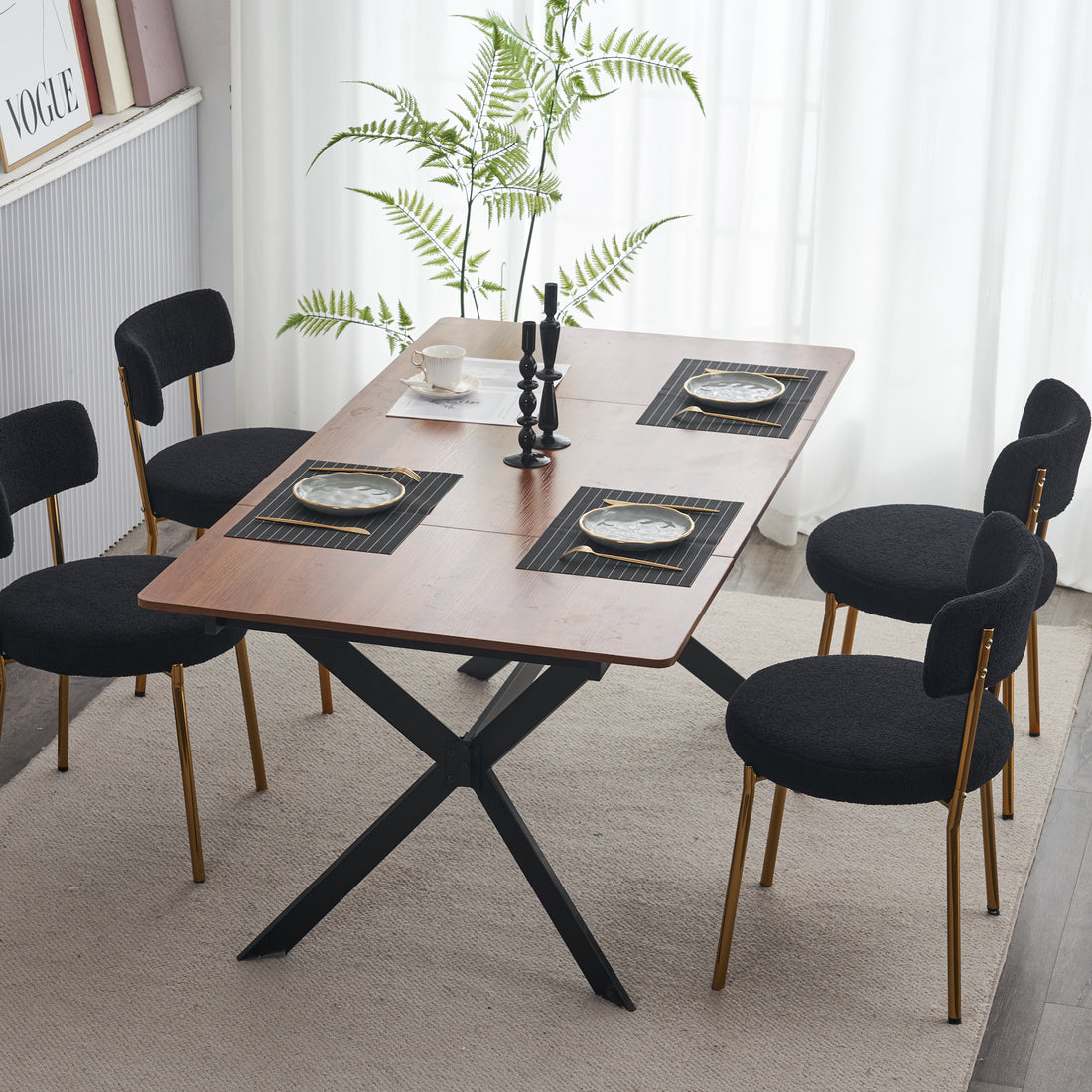 Set Of 2 Mid Century Modern Dining Chairs Teddy Fabric Upholstery Curved Back Metal Frame Black Elegant And Comfortable Kitchen Chairs Black Metal