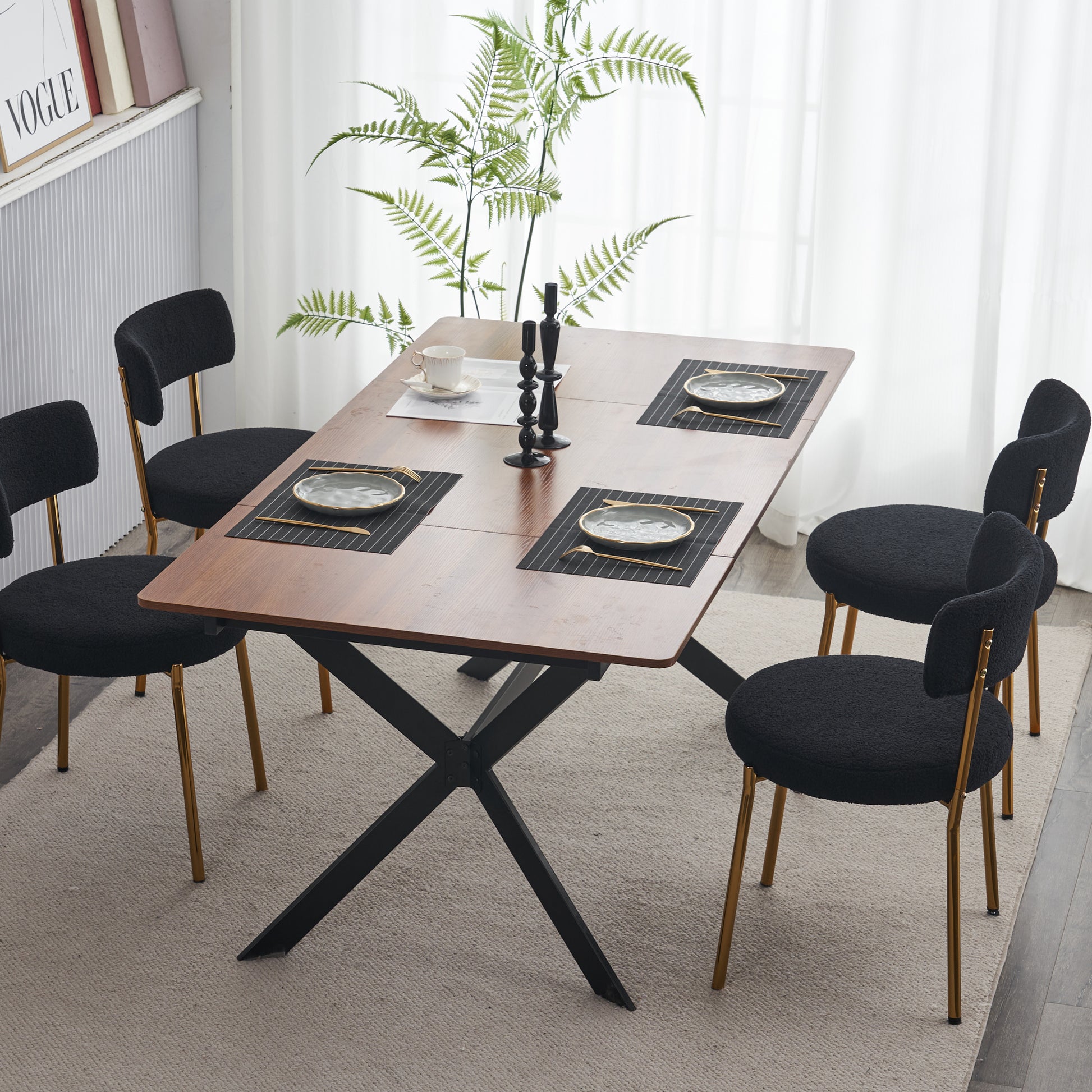 Set Of 2 Mid Century Modern Dining Chairs Teddy Fabric Upholstery Curved Back Metal Frame Black Elegant And Comfortable Kitchen Chairs Black Metal