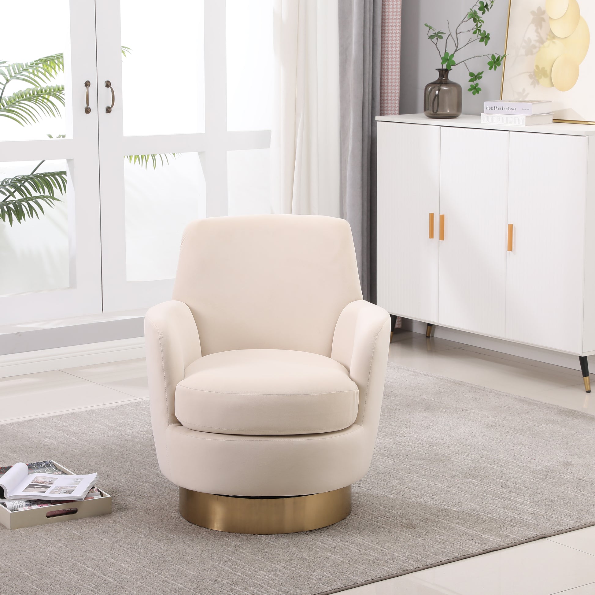 Velvet Swivel Barrel Chair, Swivel Accent Chairs Armchair For Living Room, Reading Chairs For Bedroom Comfy, Round Barrel Chairs With Gold Stainless Steel Base Beige Beige Primary Living Space American Design Foam Velvet